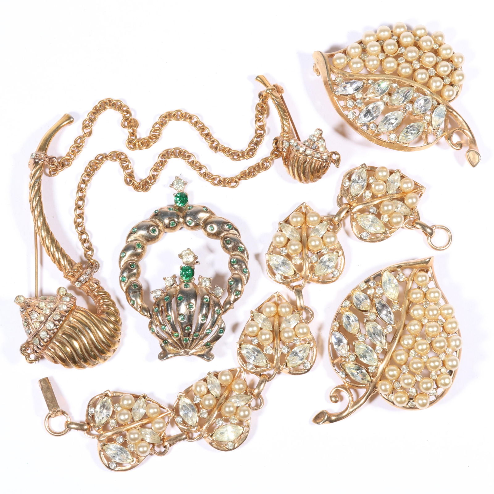 Vintage Retro jewelry group with unsigned Crown Trifari? faux pearl leaf brooches and matching (1 of 14)