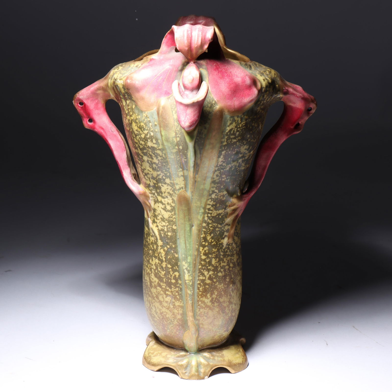Amphora Austria Art Nouveau orchid flower vase with sculpted handles ca.1900. 10"H x 6 3/4"W: Amphora Austria Art Nouveau orchid flower vase with sculpted handles ca.1900.small chip at base of foot. Impressed #3541. Manner of Paul Dachsel.10"H x 6 3/4"W