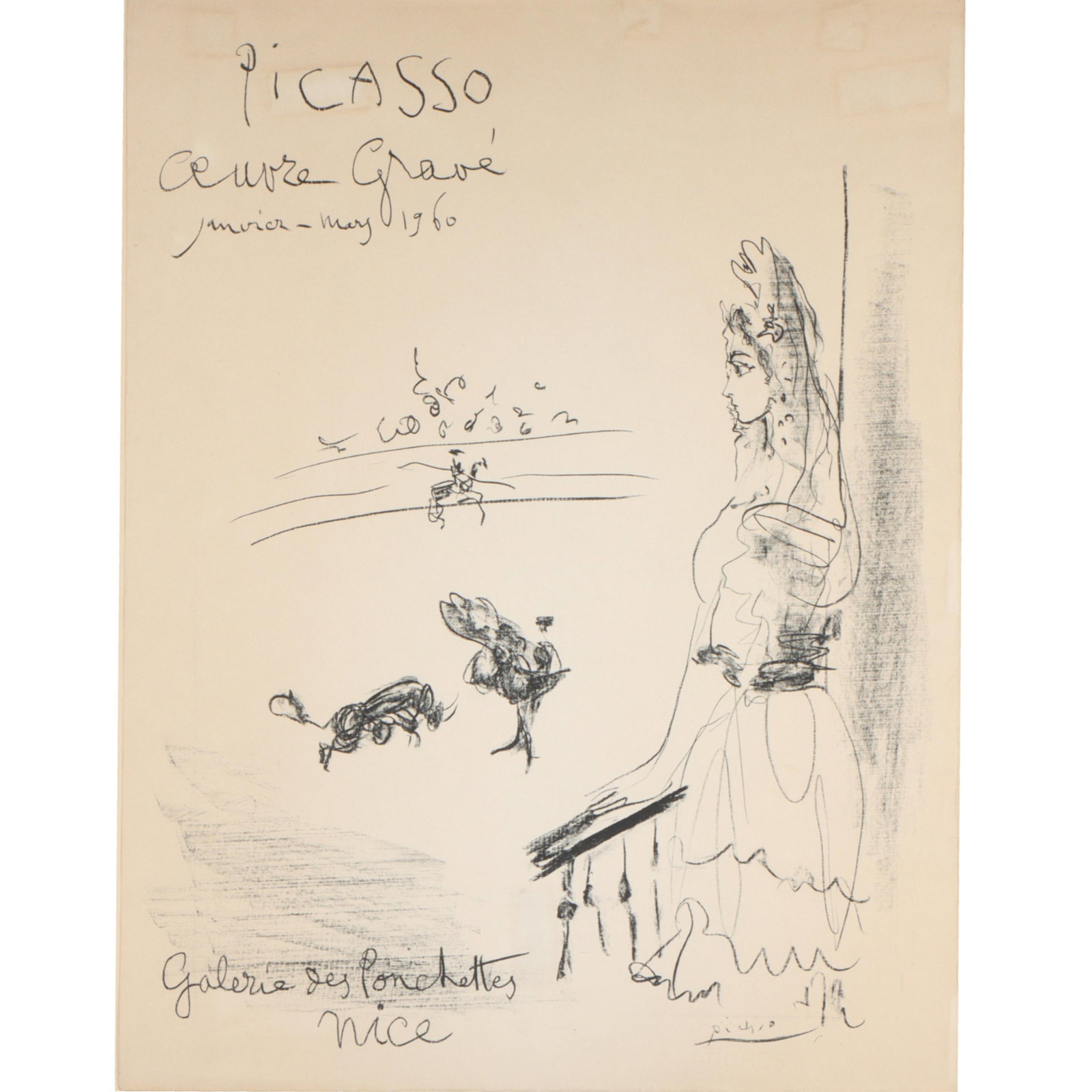 Picasso "Femme au balcon" Oeuvre Gravé, Galerie des Ponchettes Nice, France exhibition poster, 1960: Picasso "Femme au balcon" Oeuvre Gravé, Galerie des Ponchettes Nice, France exhibition poster, 1960Provenance: From the estate of Connie DeNave, NY, NY. 26"H x 19 3/4"W(paper), 32"H x 25 1/2"W(frame)