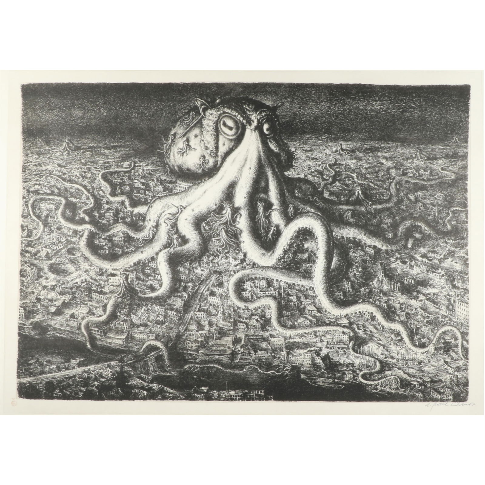Andreas Paul Weber, German (1893-1980), Die Grosse Lahmung, lithograph, 15 3/4"H x 22 1/4"W (Plate),: Andreas PaulWeberGerman(1893-1980)Die Grosse Lahmunglithographpencil signed, titled, and numbered. Biography from Auctionata Andreas Paul Weber attended, for a short period of time, the Kunstgewerbesc