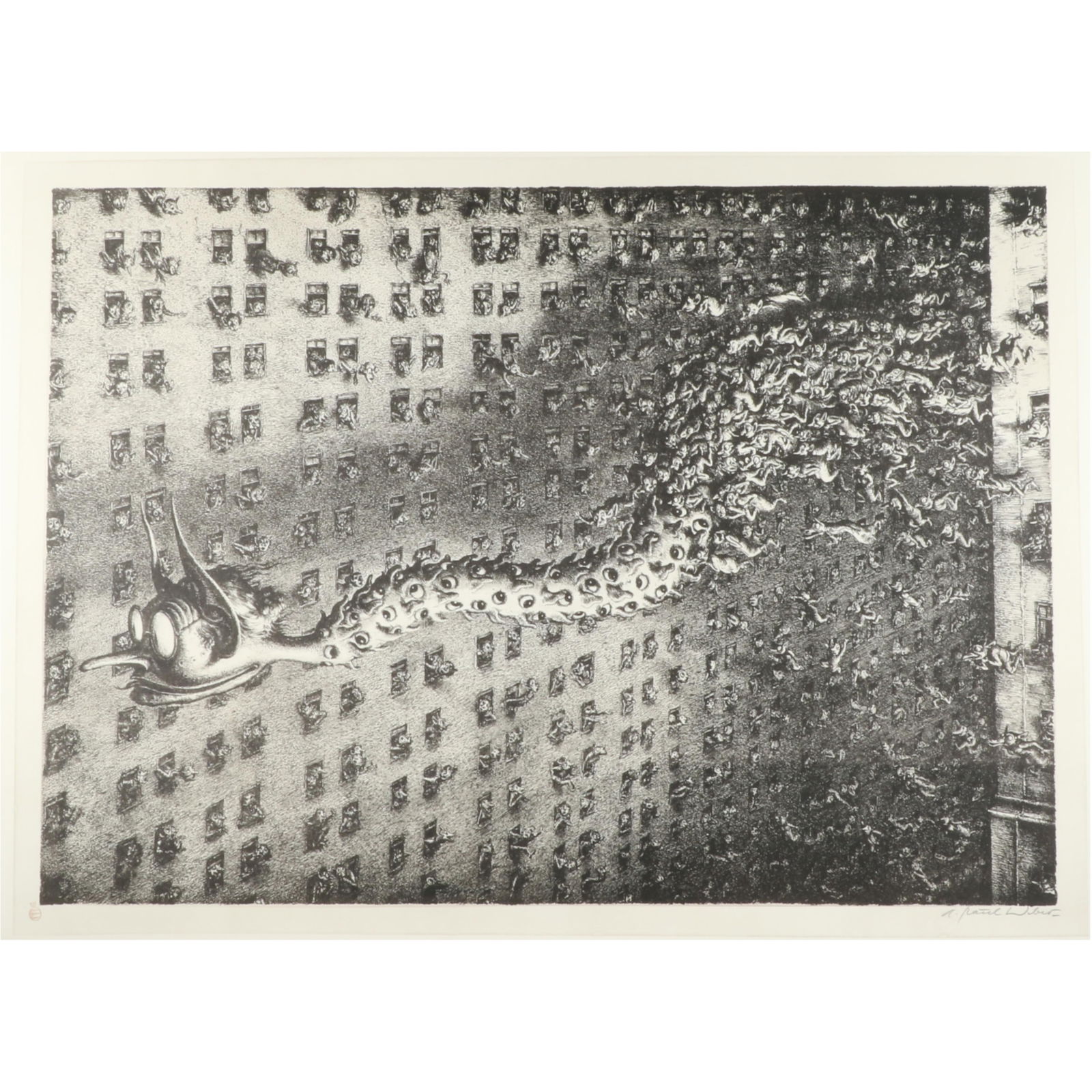 Andreas Paul Weber, German (1893-1980), Das Gerucht, 1953, lithograph, 16"H x 22 1/4"W (Plate), 25: Andreas PaulWeberGerman(1893-1980)Das Gerucht, 1953lithographpencil signed, titled, and numbered. Biography from Auctionata Andreas Paul Weber attended, for a short period of time, the Kunstgewerbesch