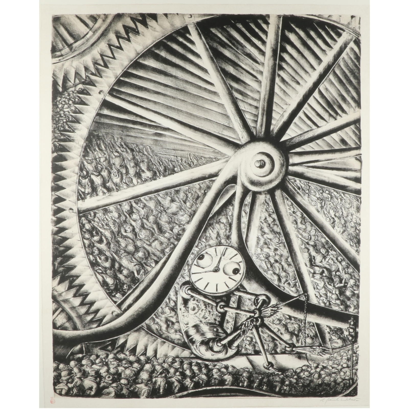Andreas Paul Weber, German (1893-1980), Die Tretmühle, lithogrpah, 22"H x 17 3/4"W (Plate), 30"H x: Andreas PaulWeberGerman(1893-1980)Die Tretmühlelithogrpahpencil signed, titled, and numbered. Biography from Auctionata Andreas Paul Weber attended, for a short period of time, the Kunstgewerbeschule