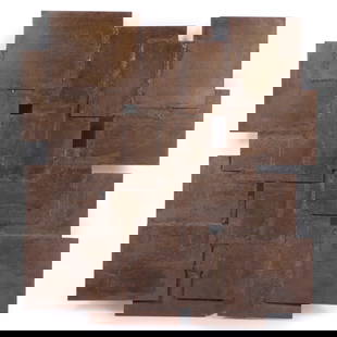 George Zachary Constant, American (1892 - 1978), brutalist wall hanging sculpture, bronze plate: George ZacharyConstantAmerican(1892 - 1978)brutalist wall hanging sculpturebronze plate construction26"H x 24 1/2"W