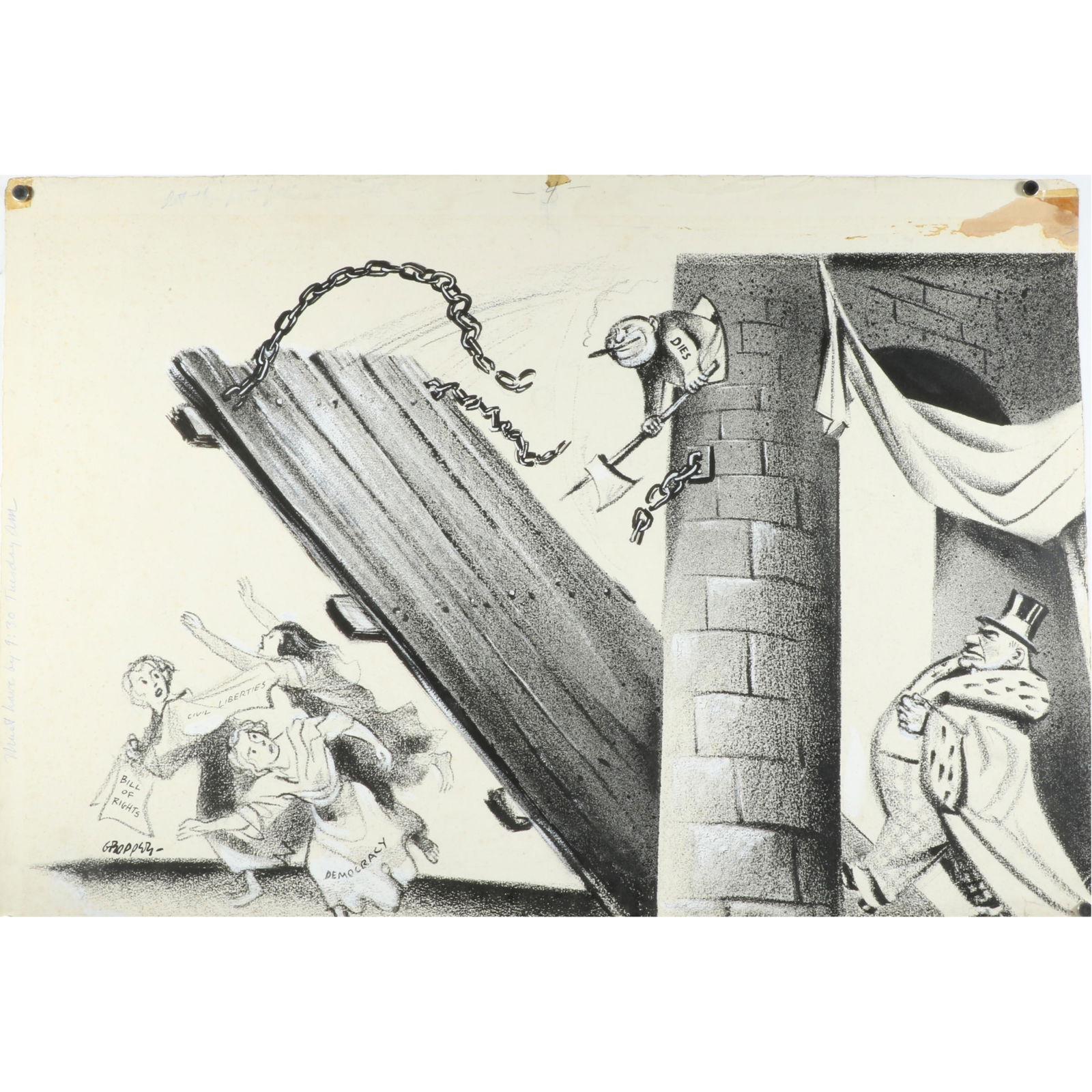 William Gropper, New York (1897 - 1977), Democracy Dies, mixed media on paper, 18 1/4"H x 26"W: WilliamGropperNew York(1897 - 1977)Democracy Diesmixed media on papersigned lower left. Biography from The Johnson Collection: William Gropper was a painter and political cartoonist who is best rememb