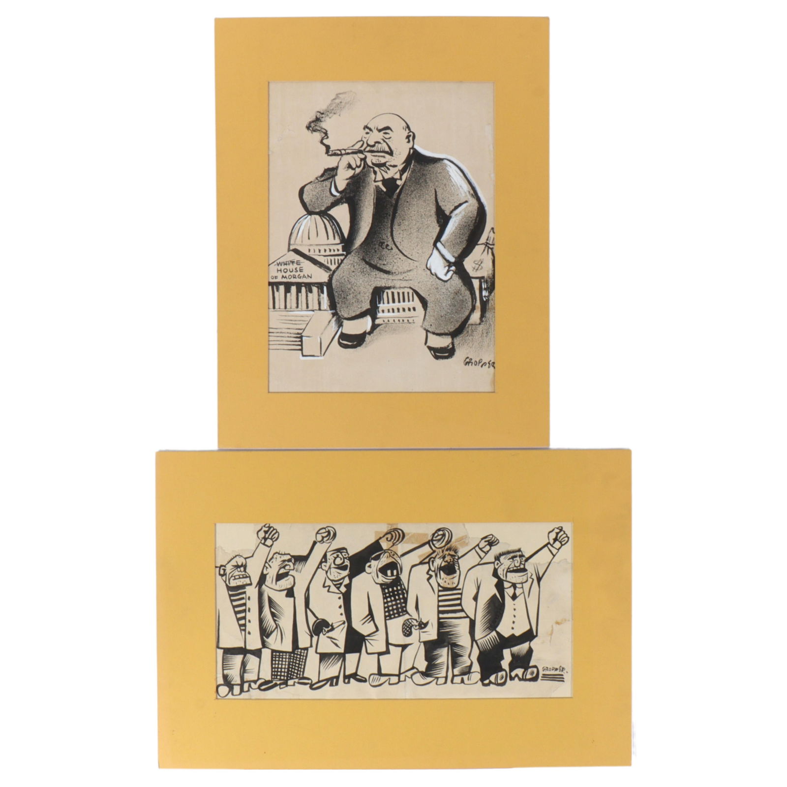 William Gropper, New York (1897 - 1977), Two original works: WWII House of Morgan themed political: WilliamGropperNew York(1897 - 1977)Two original works: WWII House of Morgan themed political satiremixed media on papersigned lower right. Biography from The Johnson Collection: William Gropper was a
