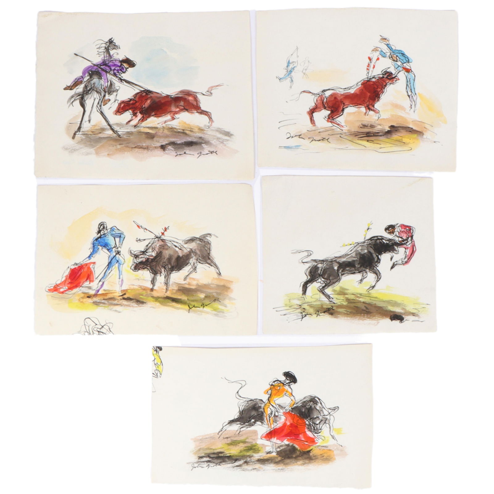 John Groth, American (1908 - 1988), matador series x5, ink and watercolor on paper, 8"H x 10 1/4"W: JohnGrothAmerican(1908 - 1988)matador series x5ink and watercolor on paperSigned lower. Biography from The National Art Museum of Sport, Inc: John Groth made a career as a painter and illustrator by f
