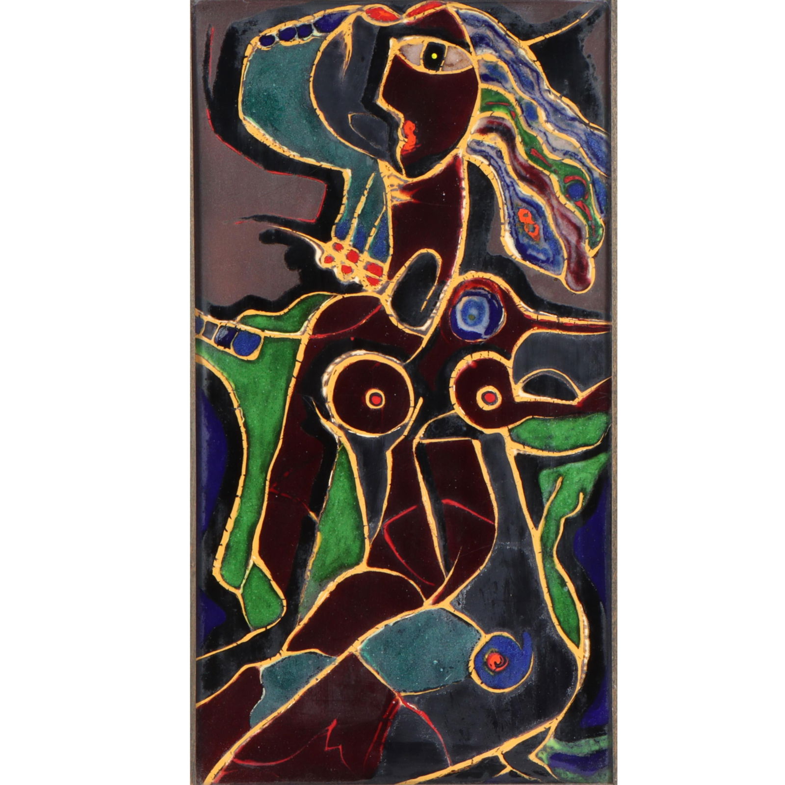 Zagreb Rucni Rad Dekor abstract cubist female nude enamel on copper art panel, framed. 19 3/4"H x 10: Zagreb Rucni Rad Dekor abstract cubist female nude enamel on copper art panel, framed.19 3/4"H x 10 1/2"W(sight), 25 1/4"H x 16 1/4"W(frame)