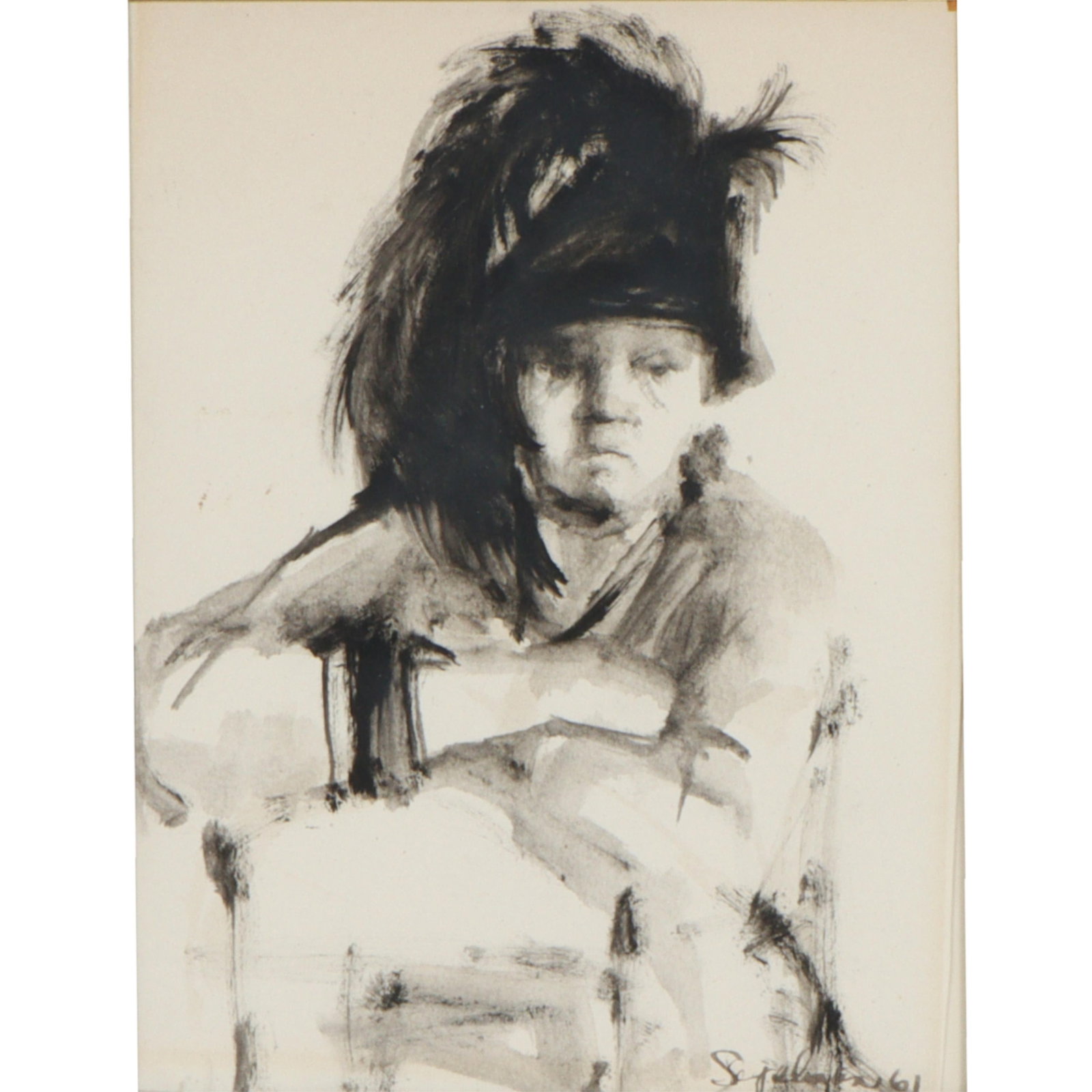 Richard Segalman, New York (1934-2021), figure with feathered hat, 1961, ink and wash on paper, 10: RichardSegalmanNew York(1934-2021)figure with feathered hat, 1961ink and wash on paperSigned and dated lower right. Provenance: From the estate of Connie DeNave, NY, NY. Biography from the Archives of