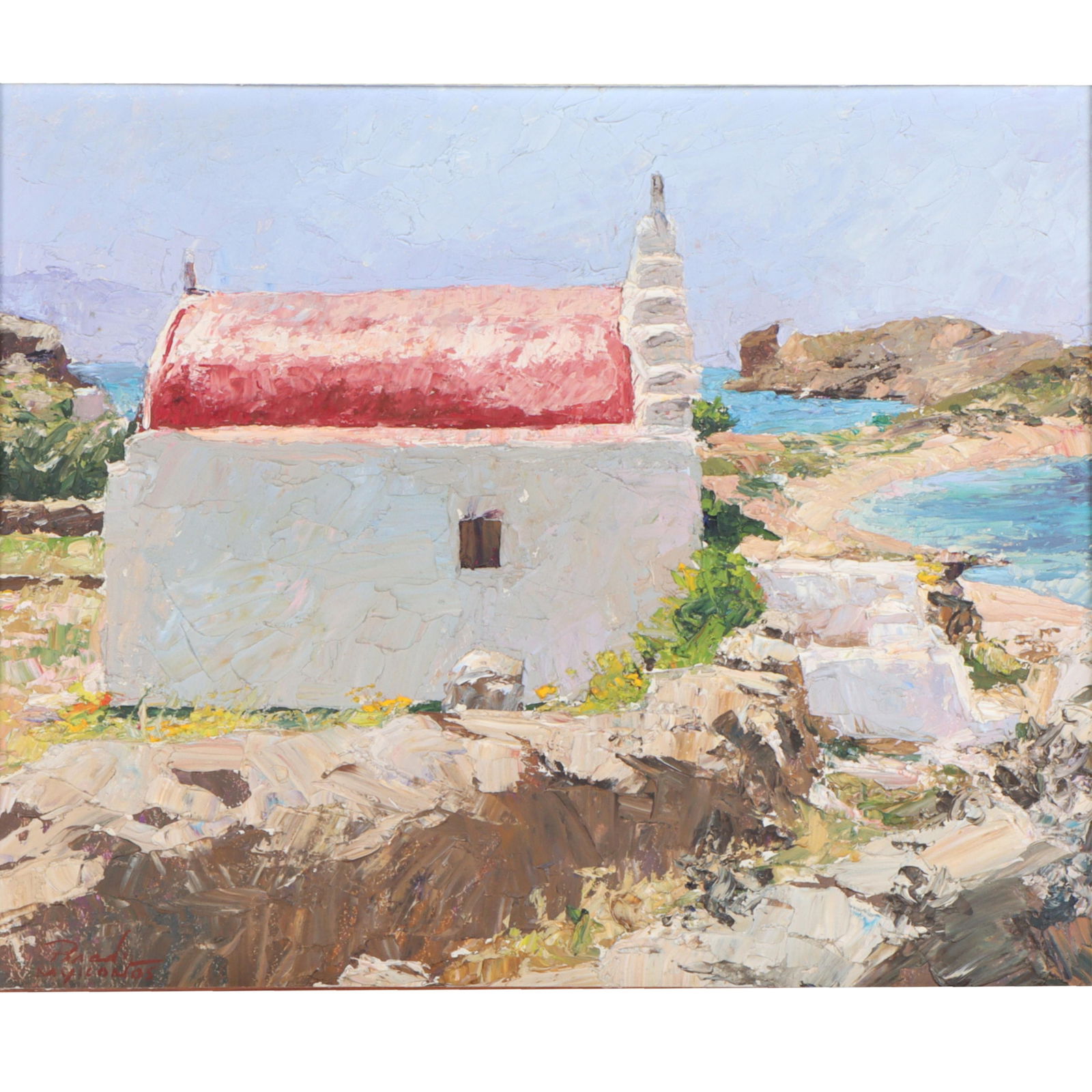 Michael Brady, American (b.1936), Mykonos, coastal landscape, Greece, oil on masonite, 16"H x 19: MichaelBradyAmerican(b.1936)Mykonos, coastal landscape, Greeceoil on masoniteSigned and titled lower left. Painted with heavy impasto. Provenance: From the estate of Connie DeNave, NY, NY. 16"H x 19 1
