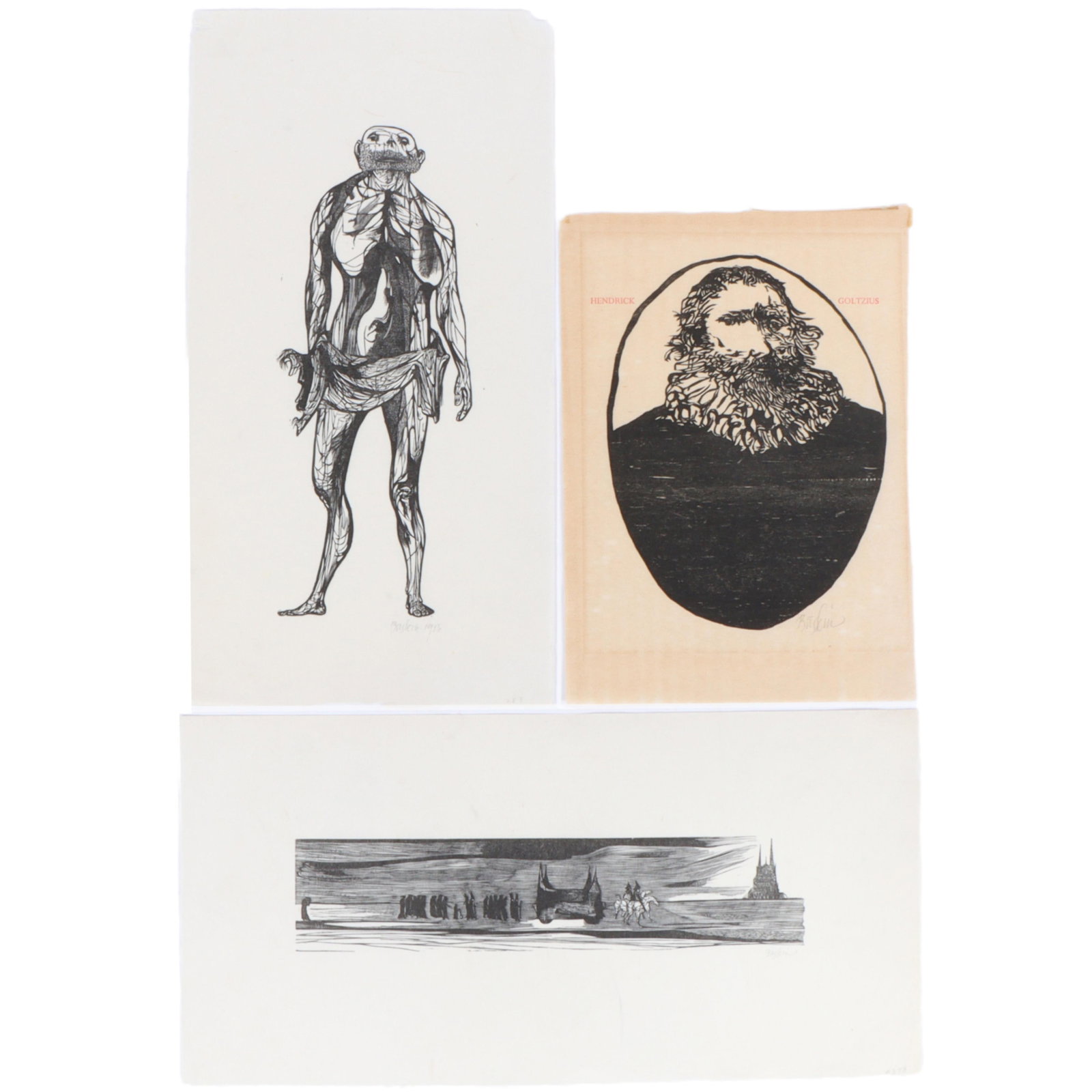 Leonard Baskin, American (1922 - 2000), Hendrick Goltzius / The Leper, 1956 / The Funeral, for: LeonardBaskinAmerican(1922 - 2000)Hendrick Goltzius / The Leper, 1956 / The Funeral, for Flaubert's St. Julien The Hospitaller3 woodcutsPencil signed lower right. Biography from Annex Galleries: Print
