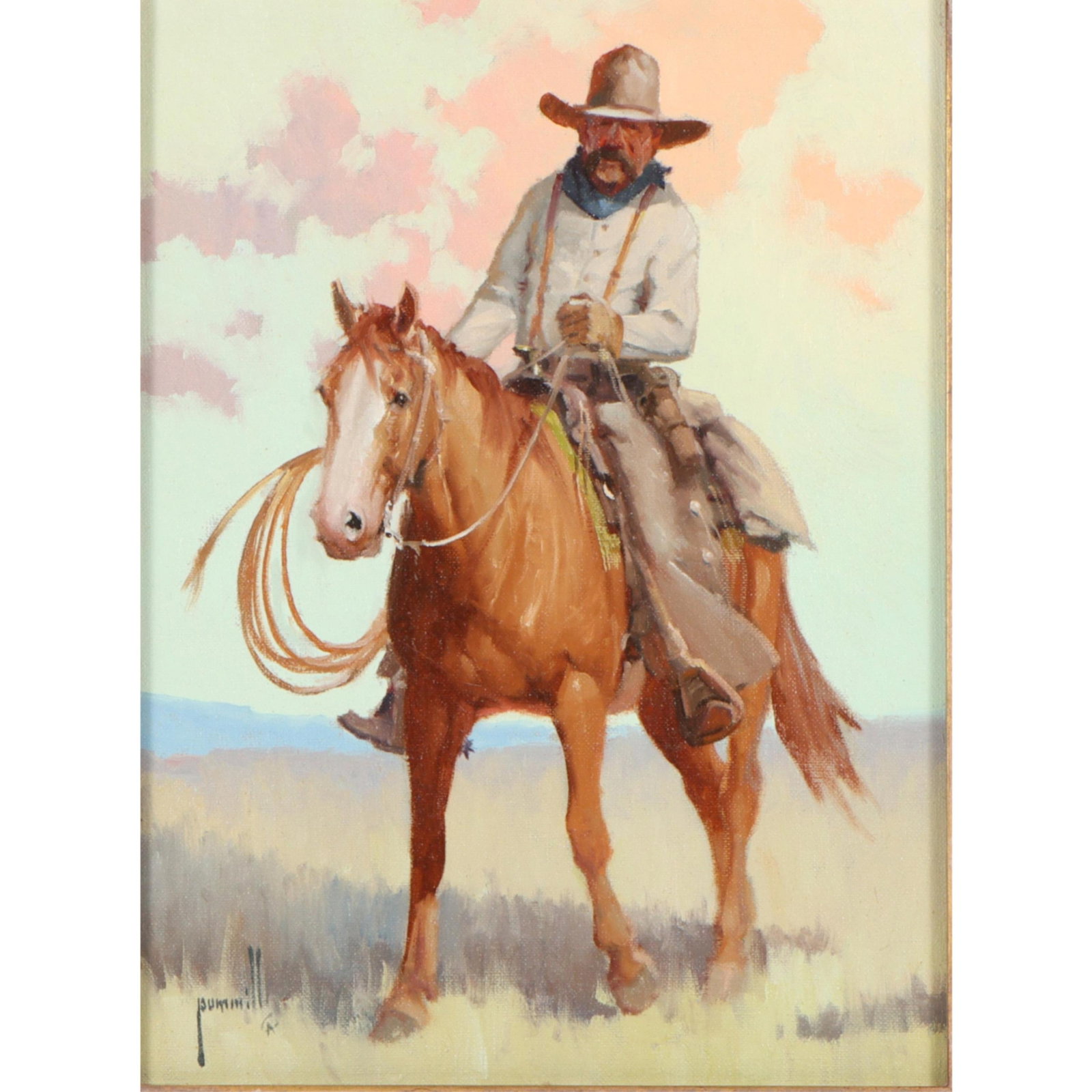 Robert Pummill, American (b. 1936), The Cowboy, oil on canvas, 12"H x 9"W(stretcher), 17 1/4"H x 14: RobertPummillAmerican(b. 1936)The Cowboyoil on canvasSigned lower left. Biography from the Archives of askART: An impressionist oil painter of scenes of the Old West, he was inspired by the work of Fr