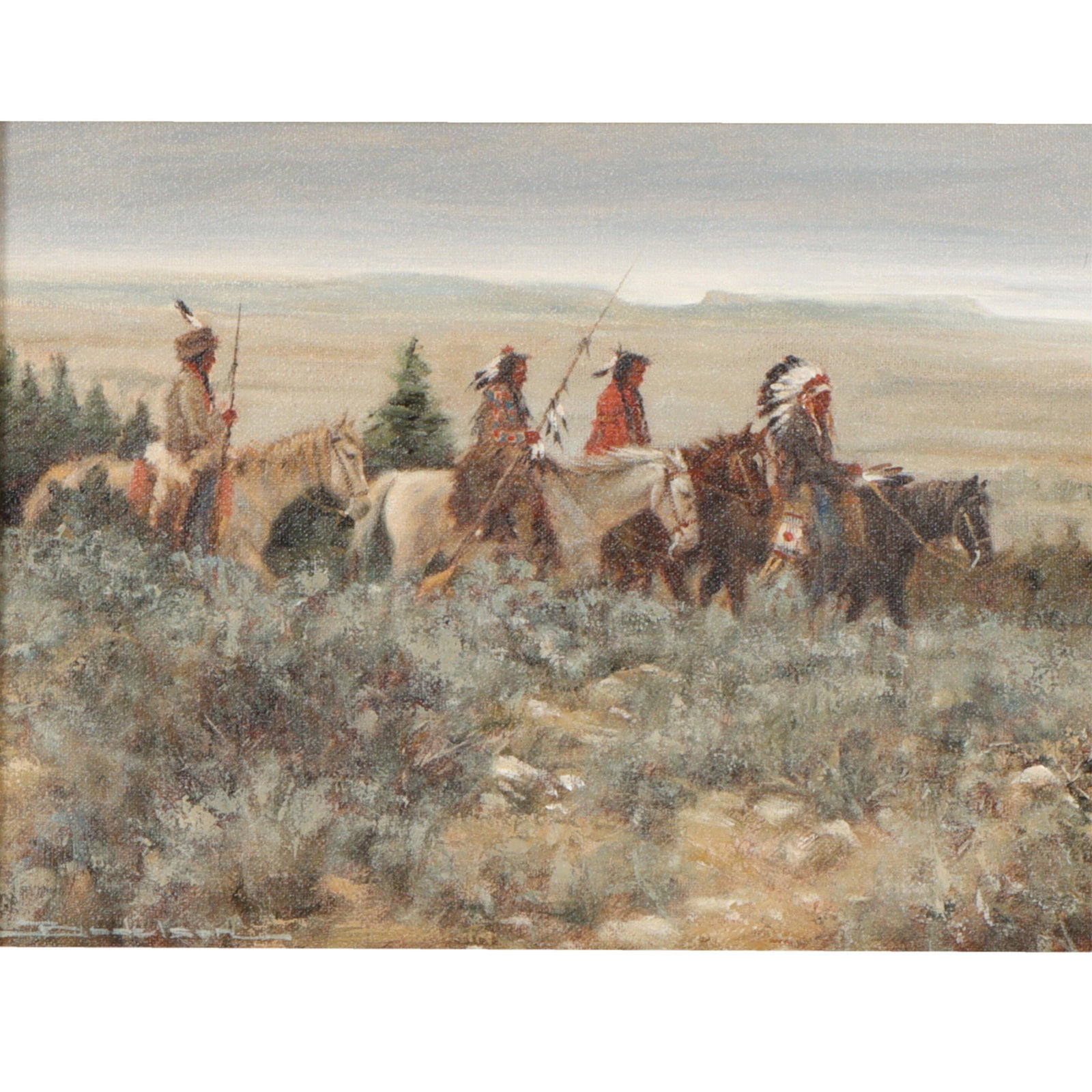 Dan Bodelson, American (b. 1949), North of Taos (Taos Riders), oil on canvas, 9 1/4"H x: DanBodelsonAmerican(b. 1949)North of Taos (Taos Riders)oil on canvasSigned lower left. Titled and signed verso. Biography from InSight Gallery Dan Bodelson works in a diverse range of media, subject m