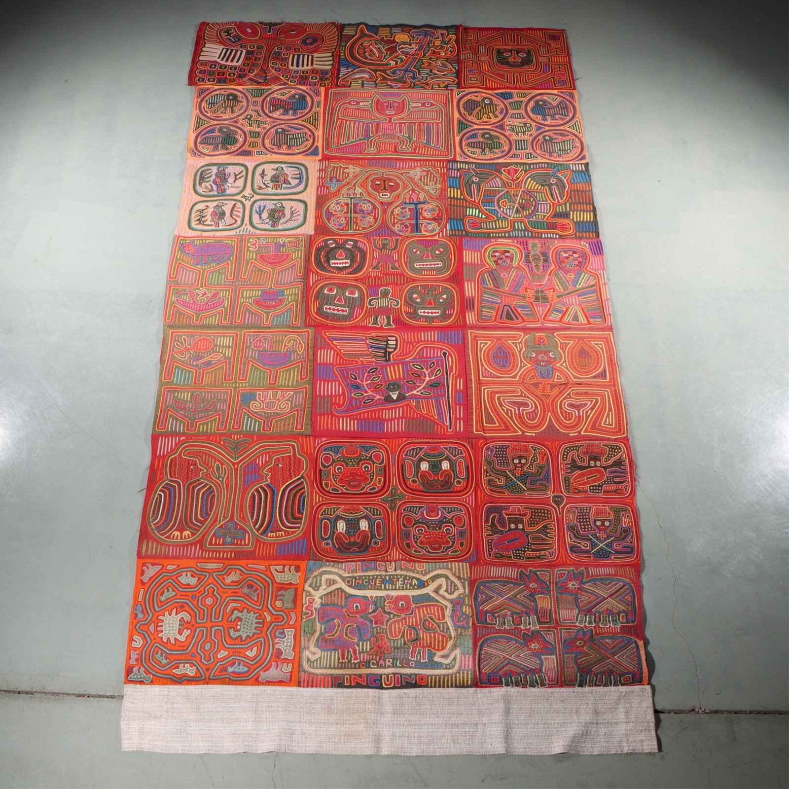 Cuno Indian Panamanian mola panel blanket, hand-stitched reverse applique textile, 103"H x 43 1/2"W: Cuno Indian Panamanian mola panel blanket, hand-stitched reverse applique textile 103"H x 43 1/2"W