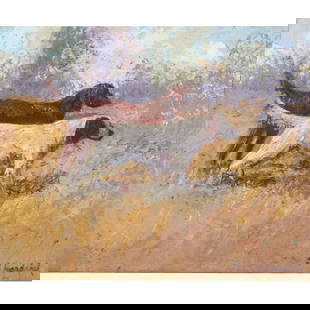 John Wesley Hardrick, Indiana (1891 - 1968), hunting dogs, oil on board, 12 1/2"H x 15 1/2"W(sight),: John WesleyHardrickIndiana(1891 - 1968)hunting dogsoil on boardSigned lower right. Highly important African-American painter from Indianapolis. Hardrick studied at the John Herron Art Institute (India