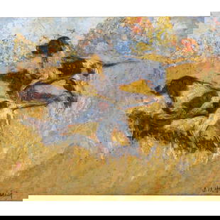 John Wesley Hardrick, Indiana (1891 - 1968), hunting dogs, oil on board, 12 1/2"H x 15 1/2"W(sight),: John WesleyHardrickIndiana(1891 - 1968)hunting dogsoil on boardSigned lower right. Highly important African-American painter from Indianapolis. Hardrick studied at the John Herron Art Institute (India
