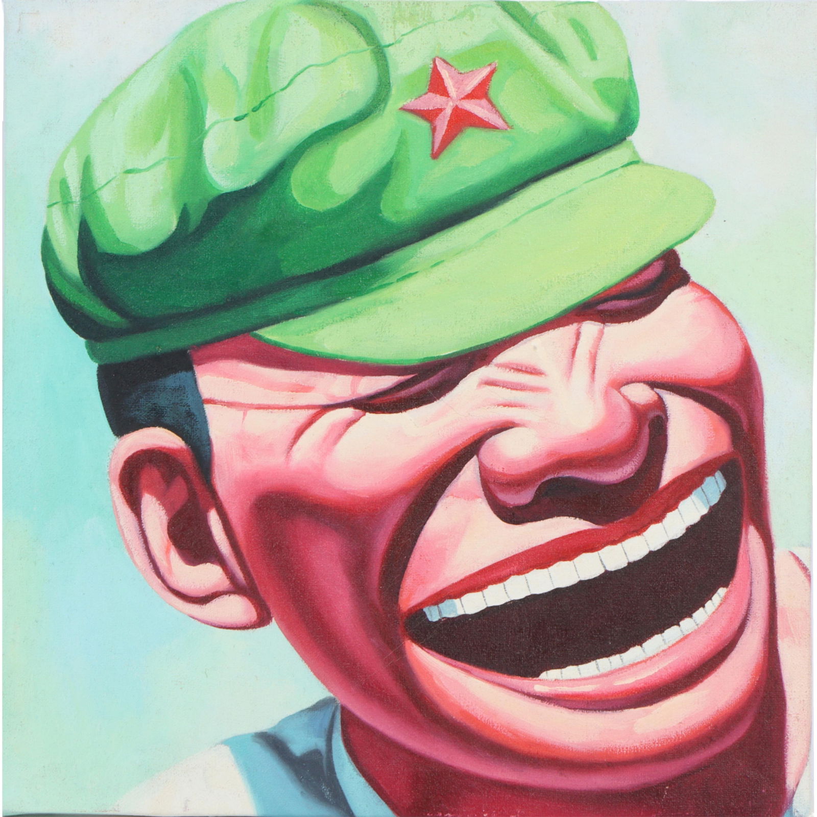 Yue Minjun (attr.), Chinese (b. 1962), Untitled, Hat, oil on canvas, 12"H x 11 3/4"W: YueMinjun (attributed) Chinese(b. 1962)Untitled, Hatoil on canvasUnsigned. Biography from Tobin Reese Fine Art: Yue Minjun (1962-) is a contemporary Chinese painter and sculptor who is famous for his