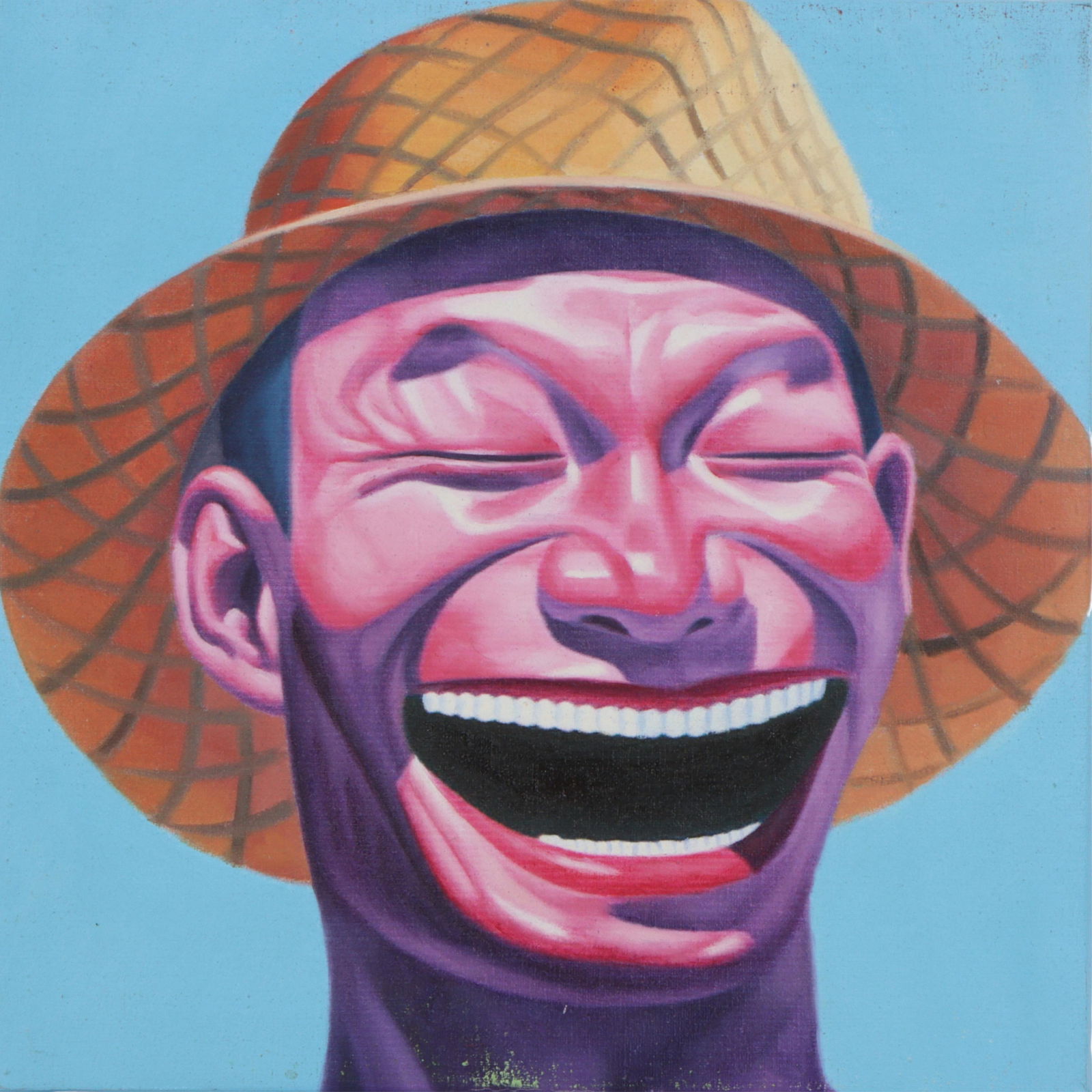 Yue Minjun (attr.), Chinese (b. 1962), Untitled, Hat, oil on canvas, 12"H x 12"W: YueMinjun (attributed) Chinese(b. 1962)Untitled, Hatoil on canvasUnsigned. Biography from Tobin Reese Fine Art: Yue Minjun (1962-) is a contemporary Chinese painter and sculptor who is famous for his