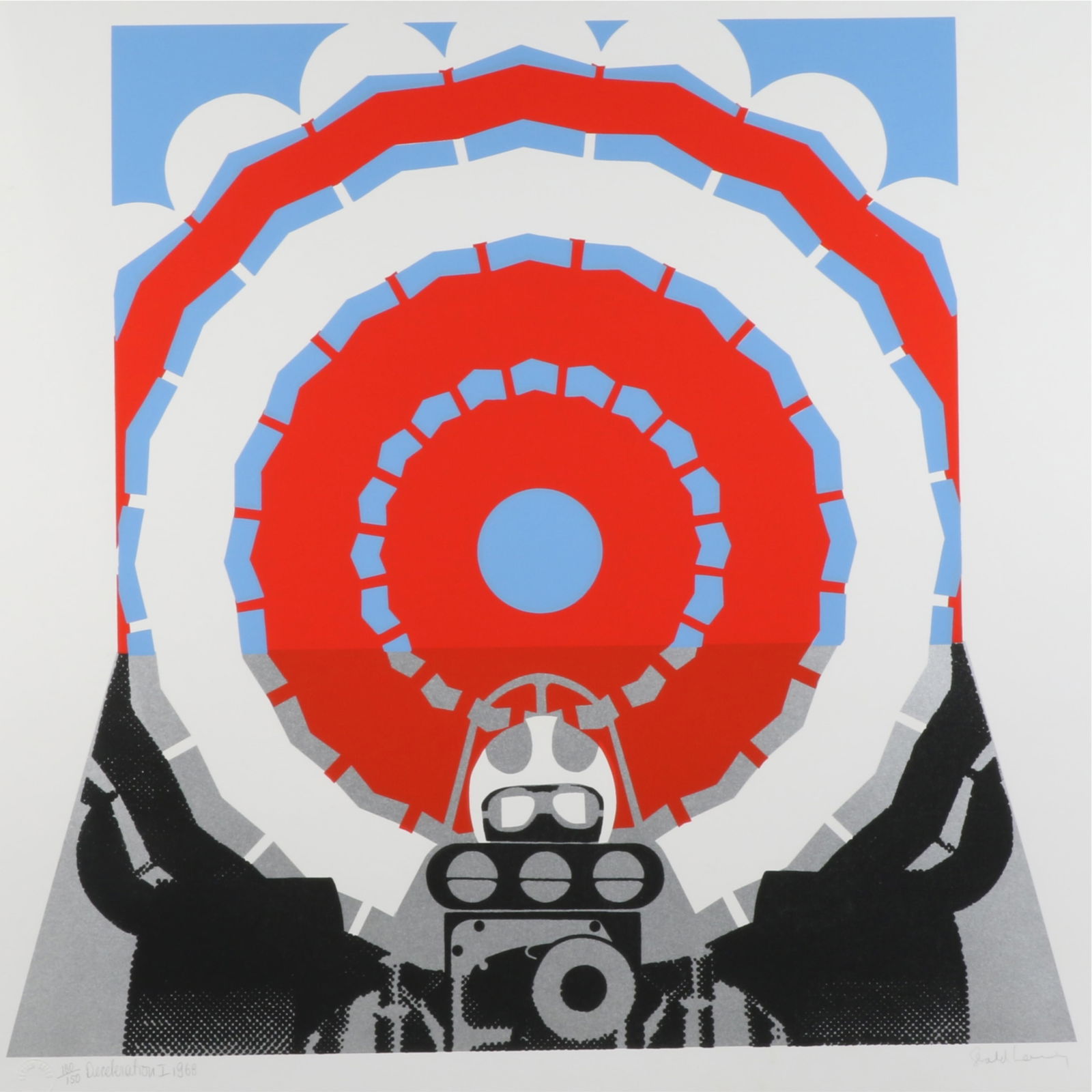 Gerald Laing, British (1936 - 2011), Deceleration I, 1968, screenprint, 23"H x 35"W: GeraldLaingBritish(1936 - 2011)Deceleration I, 1968screenprintPencil signed lower right, edition 100/150. From The Dragsters portfolio Biography from the Archives of askART: Gerald Laing obituary, The