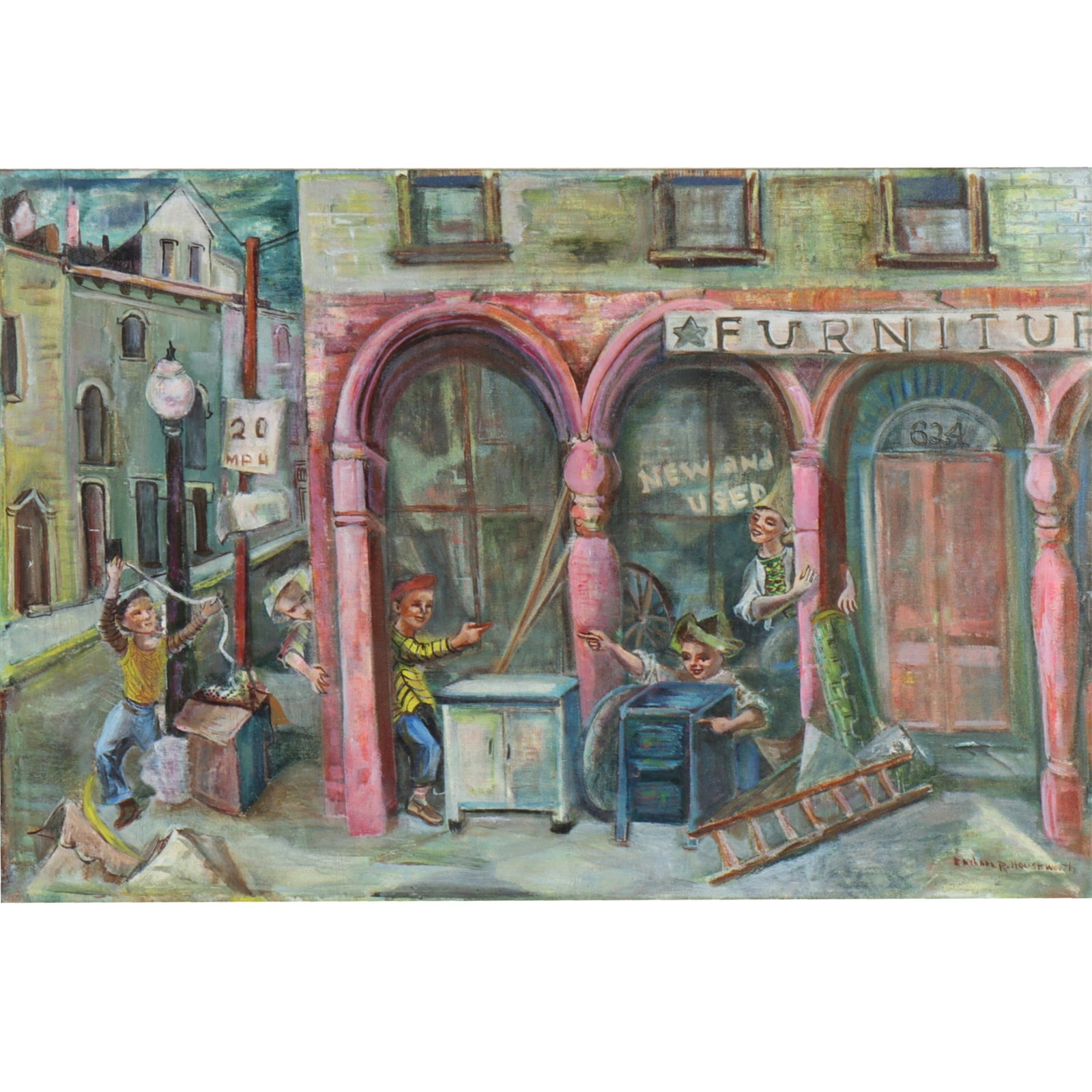 Barbara Rogers Houseworth, Indiana (1925 - 2015), Street Scene: New and Used Furniture, oil on: Barbara RogersHouseworthIndiana(1925 - 2015)Street Scene: New and Used Furnitureoil on boardSigned lower right. Barbara Rogers’ talent as an artist was noted early; when she was just a girl, she dre