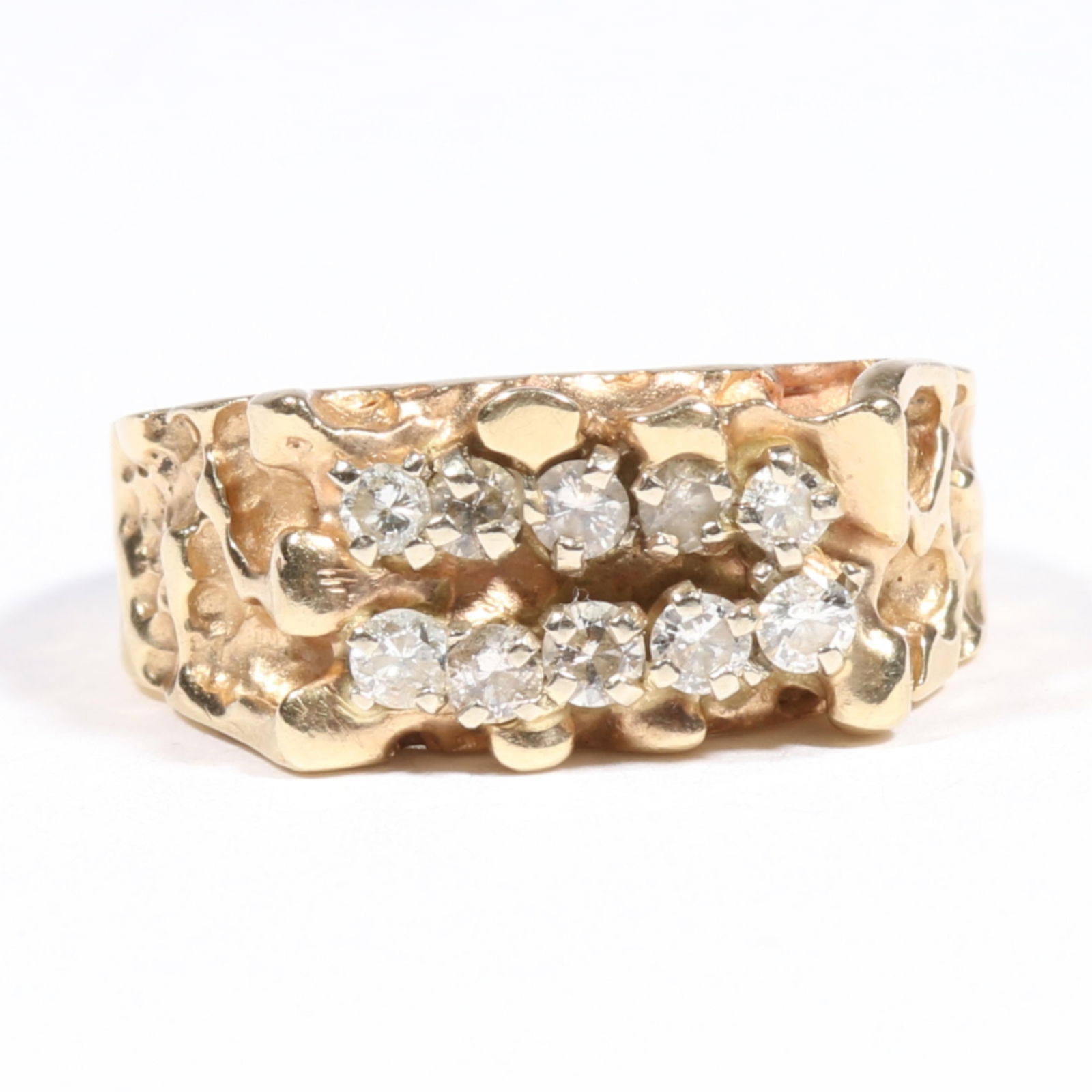10K yellow gold nugget brutalist style ring with diamonds. Ring size 7 3/4 (1 of 7)