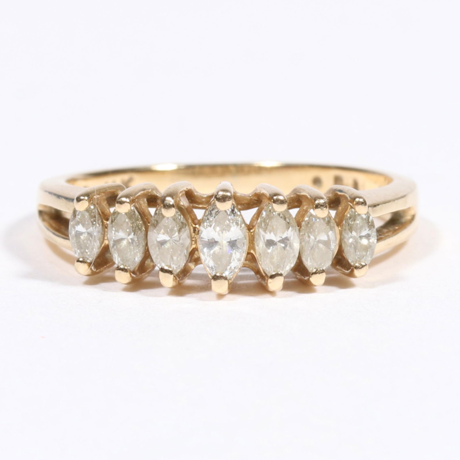 14K yellow gold ring with seven marquise cut diamonds Ring size 5 1/2 (1 of 9)