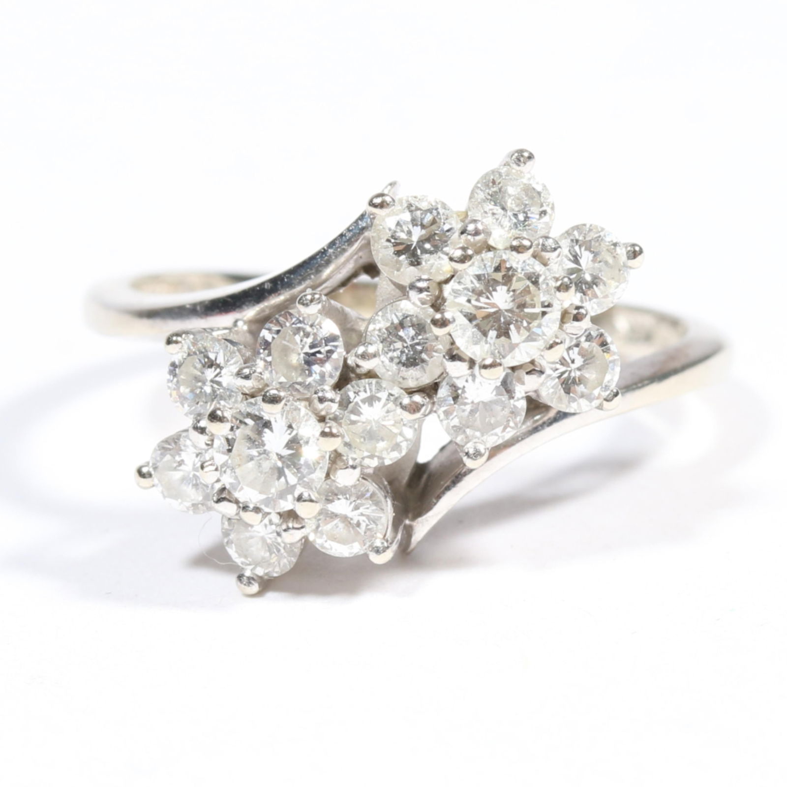 14K white gold double flower diamond ring. Ring size 5 1/2 (1 of 9)