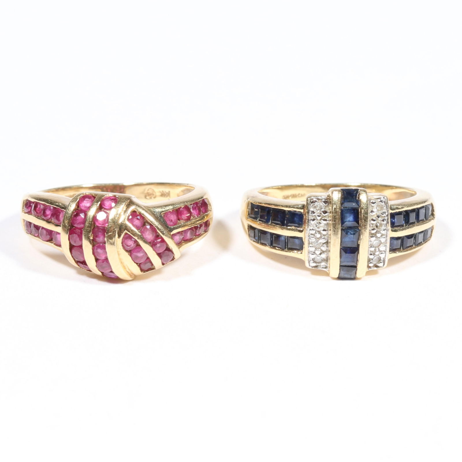 Pair of 14K yellow gold rings: ruby and channel set sapphire with diamond accents Ruby ring size 6 (1 of 13)