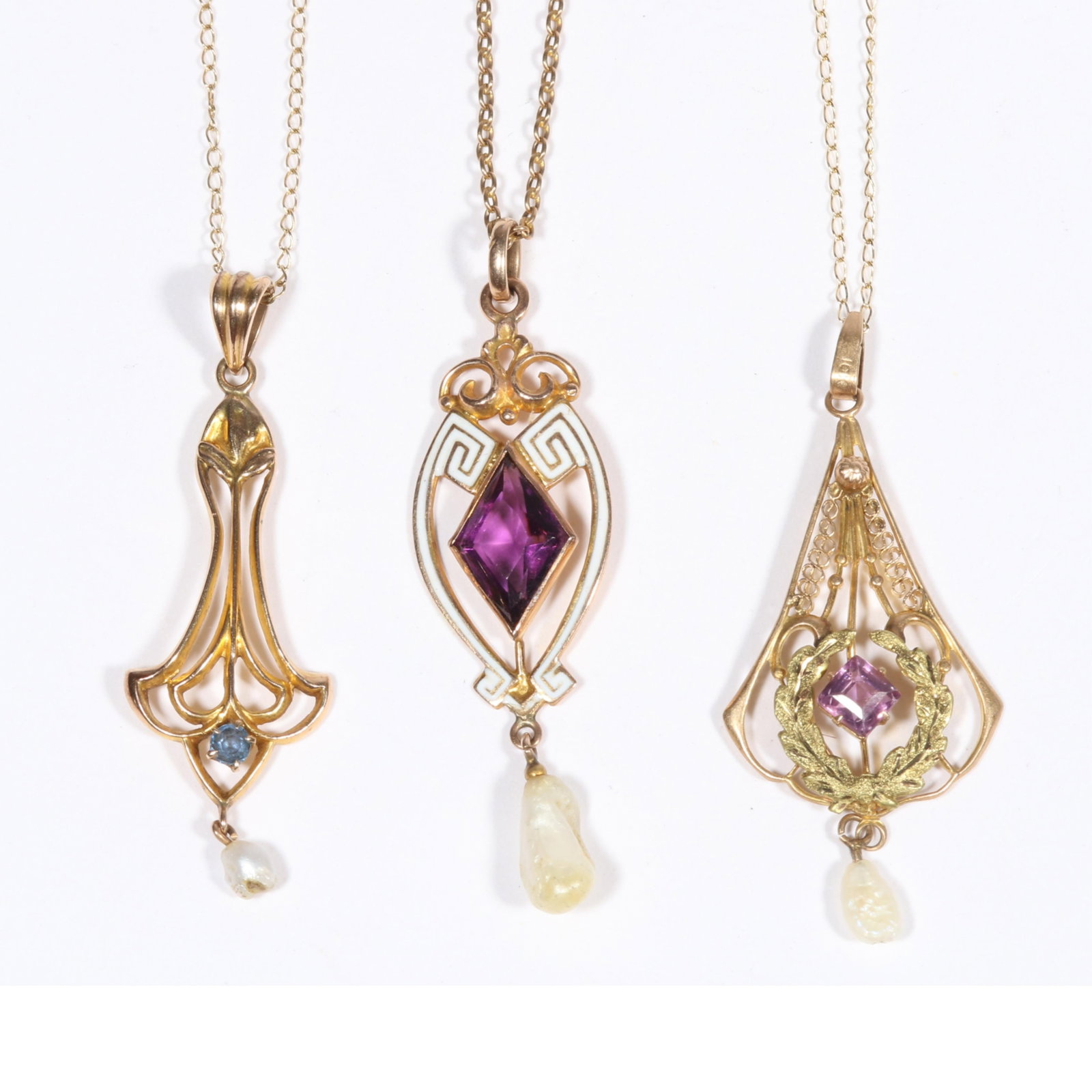 Marked and unmarked 10K yellow and rose gold Art Nouveau / Victorian dainty pearl drop pendant: Marked and unmarked 10K yellow and rose gold Art Nouveau / Victorian dainty pearl drop pendant necklaces with semi precious stones and enamel accents.unmarked blue stone pendant and chain tested 10K g