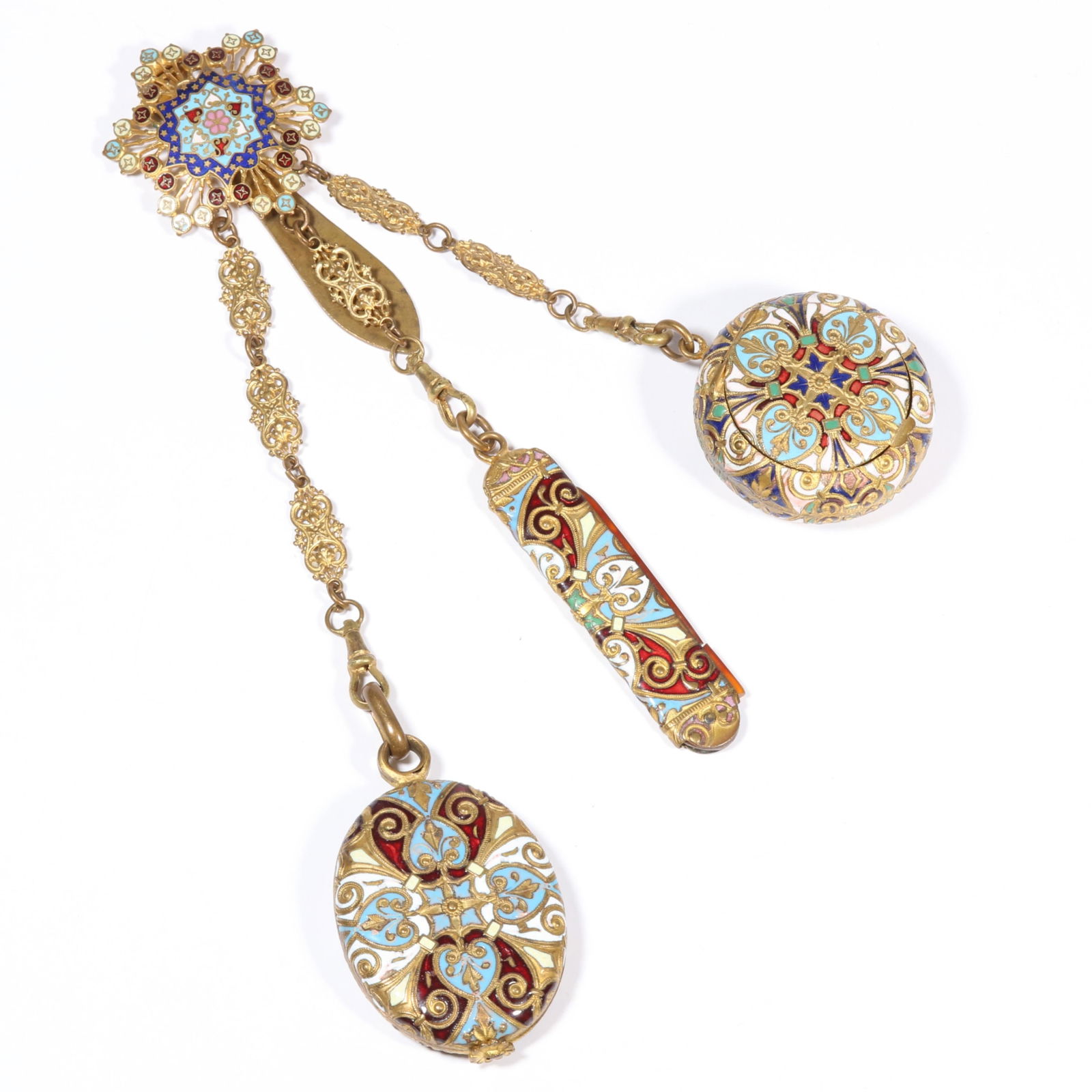 Antique Victorian FABULOUS ornate enamel chatelaine with pill box, pocket comb, and mirror. 7 7/8"H: Antique Victorian FABULOUS ornate enamel chatelaine with pill box, pocket comb, and mirror.Comb is broken and missing teeth, chatelaine has slight wear to enamel.7 7/8"H x 3 3/4"W