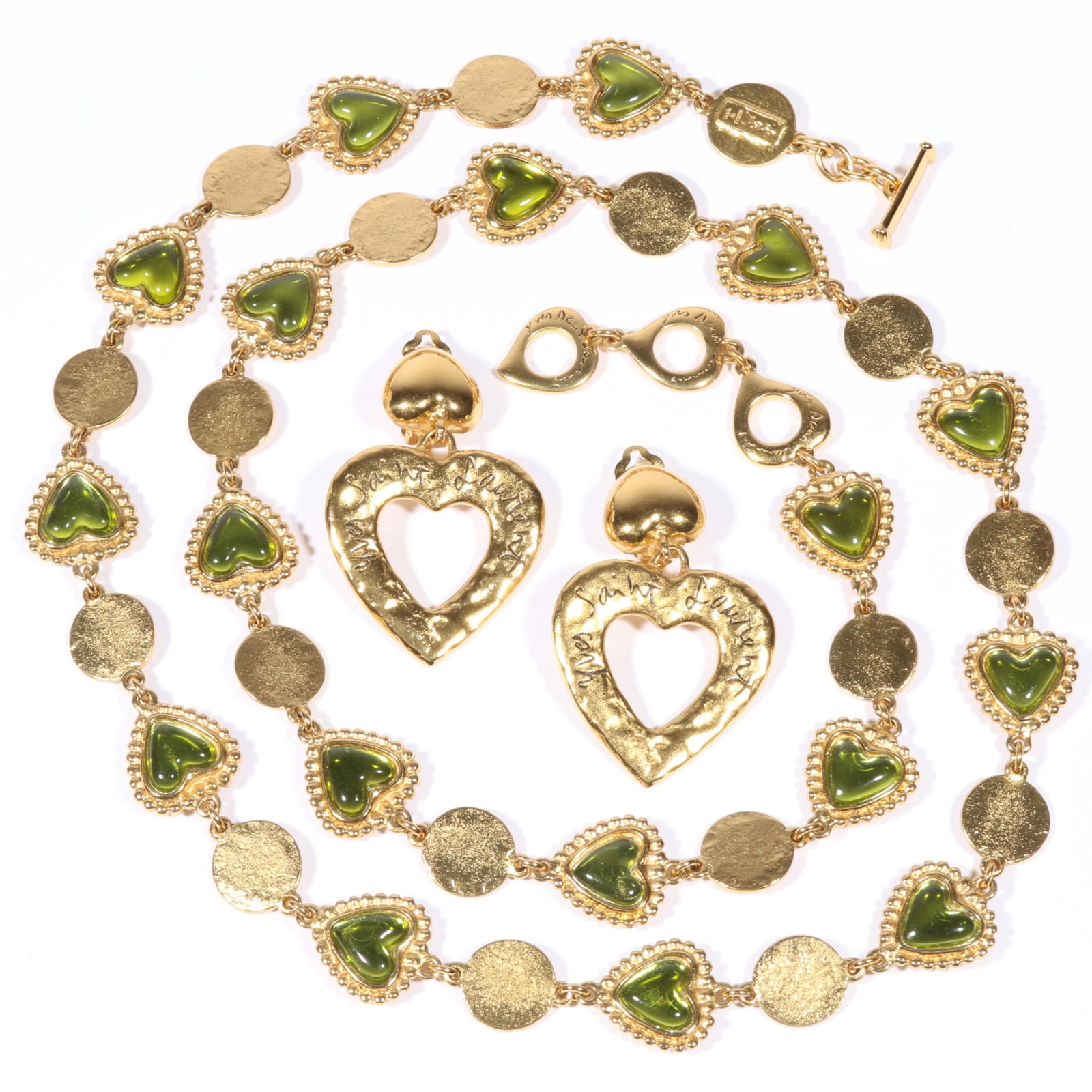 Yves Saint Laurent YSL French designer moonglow jelly heart necklace with YSL heart drop earrings. (1 of 12)