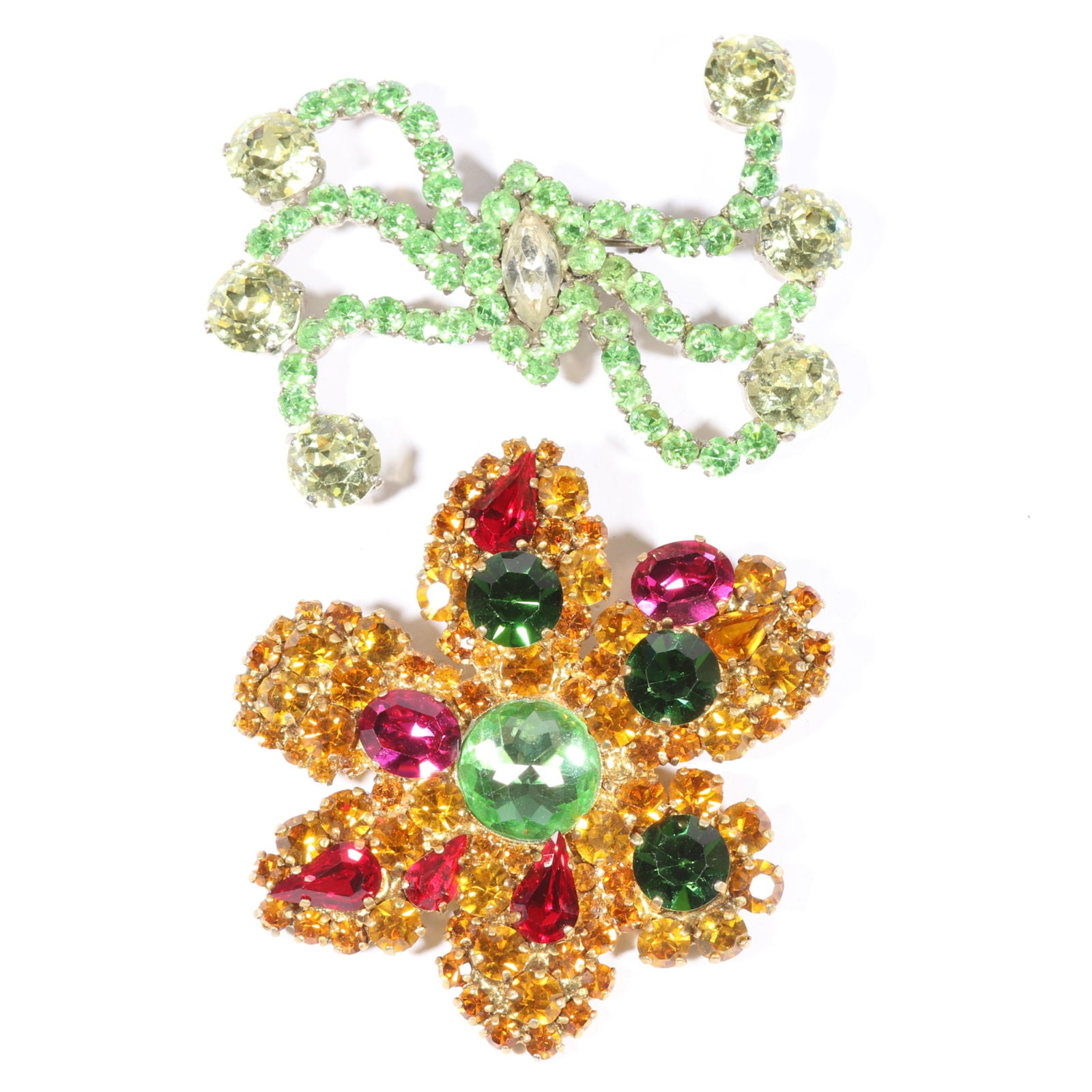 Yves Saint Laurent Rive Gauche YSL floral rhinestone pendant brooch and YSL green rhinestone brooch. (1 of 10)