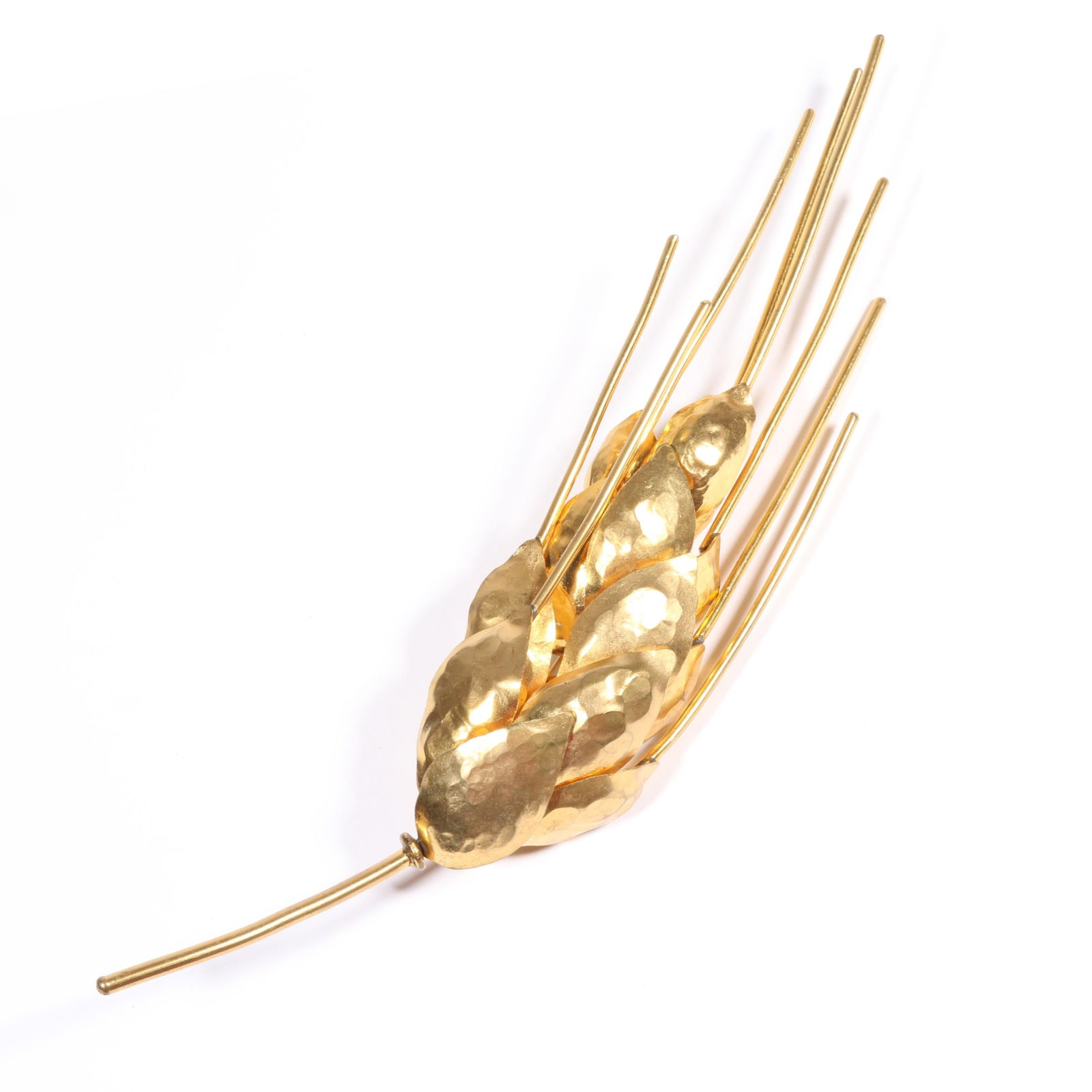 HUGE Herve van der Straeten dimensional gilt hammered metal wheat brooch. 7 7/8"L x 1 3/4"W (1 of 7)