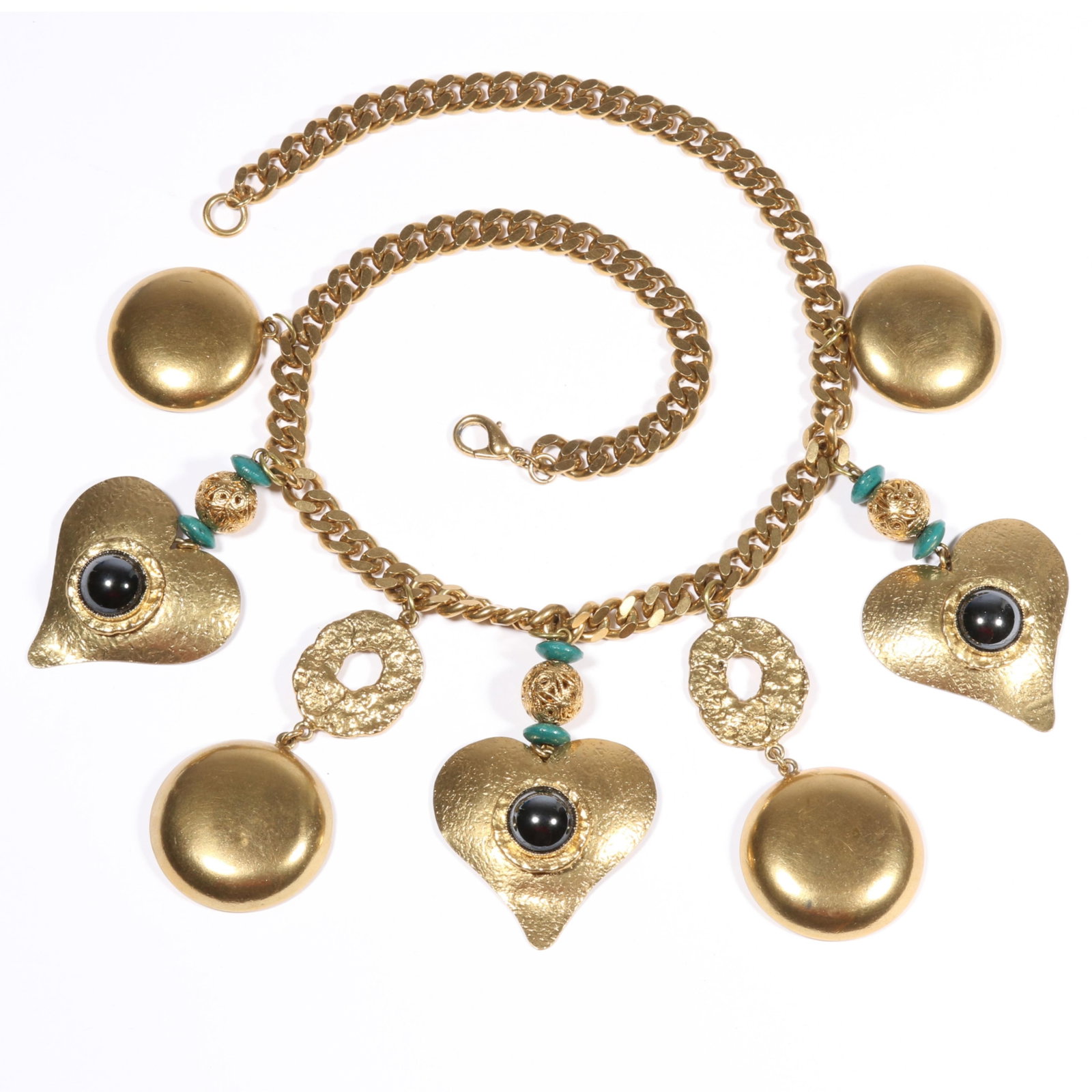 Henry Perichon Paris Modernist gilt heart charm necklace with hematite cabochons and turquoise bead: Henry Perichon Paris Modernist gilt heart charm necklace with hematite cabochons and turquoise bead accents.18 1/4"L x 3"Drop