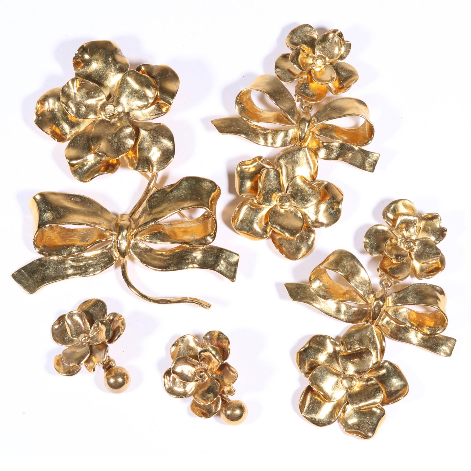 Yves Saint Laurent Rive Gauche YSL gilt flowers and bows matching set with brooch, earrings, and (1 of 13)