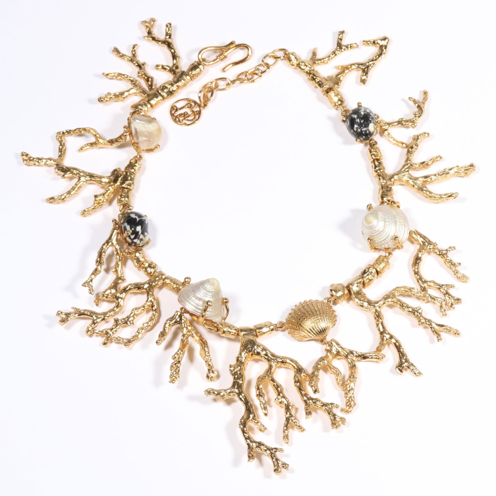 Les Paruriers French designer couture gilt coral necklace with seashell accents. 17 1/2"L x 2 3/4"W (1 of 14)