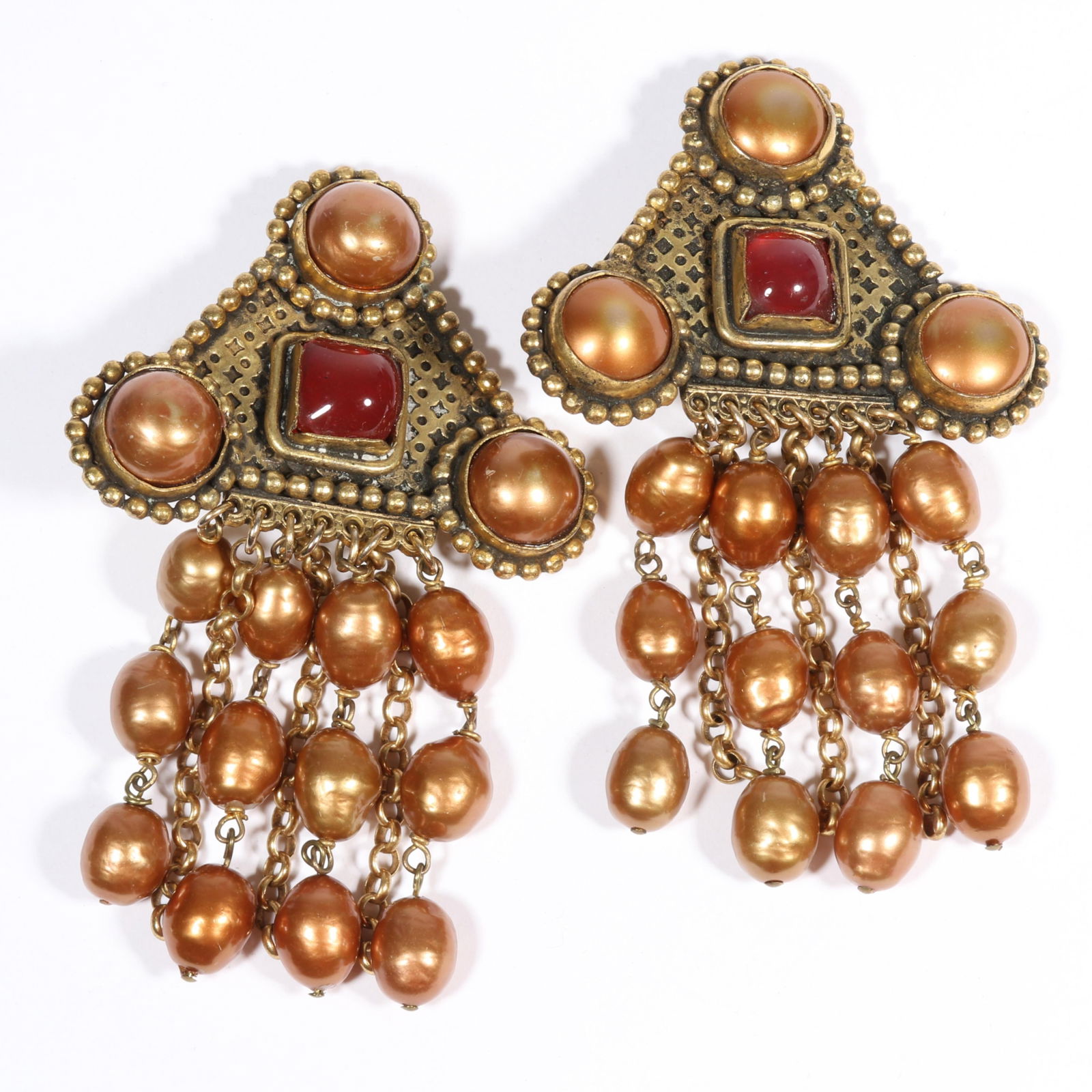 Isabel Canovas designer couture bronze color faux pearl drop earrings with original box. 3 7/8"H x 2: Isabel Canovas designer couture bronze color faux pearl drop earrings with original box.3 7/8"H x 2 3/8"W