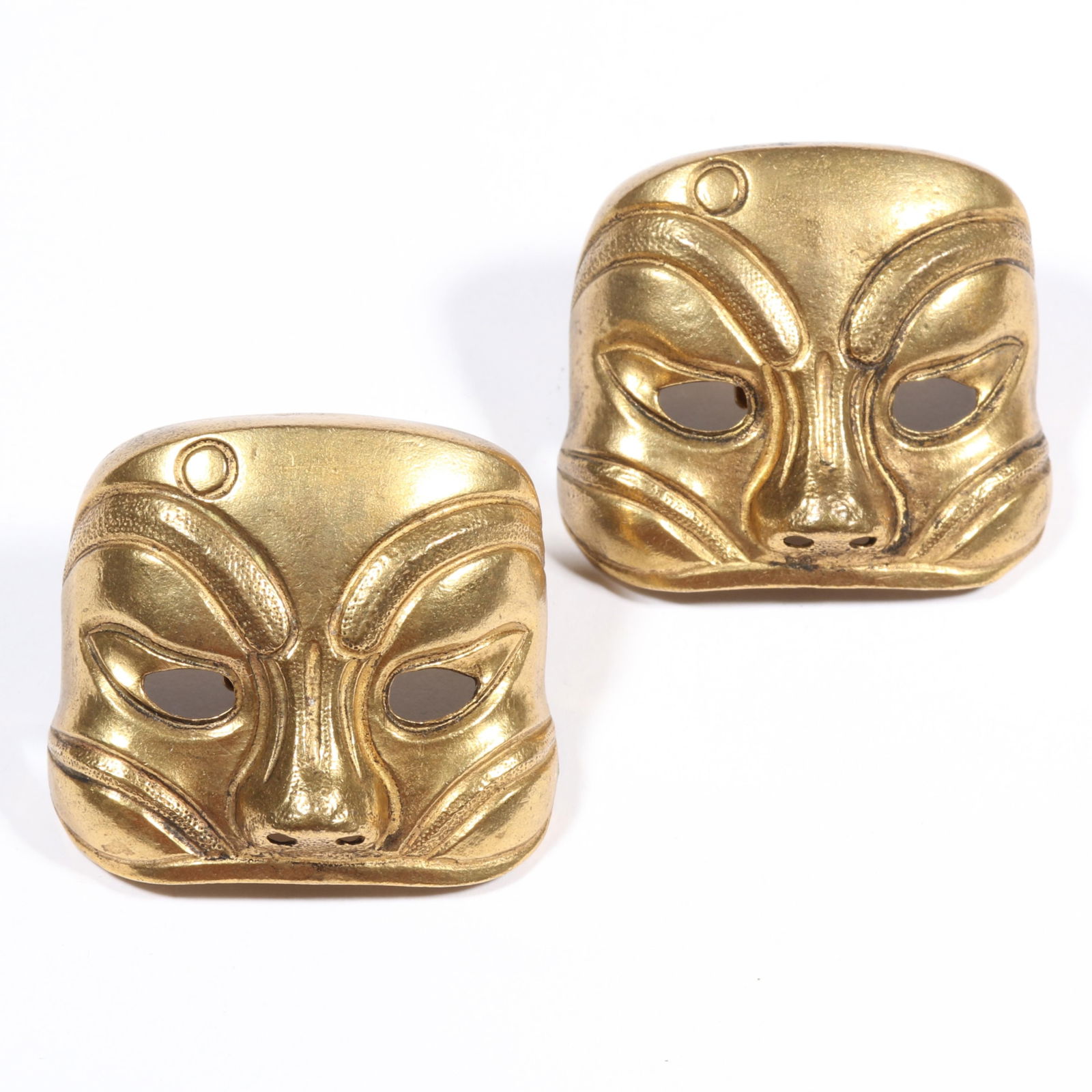 Isabel Canovas designer couture heavy gilt Asian inspired mask earrings with original box. 1 1/2"H x: Isabel Canovas designer couture heavy gilt Asian inspired mask earrings with original box.1 1/2"H x 1 5/8"W