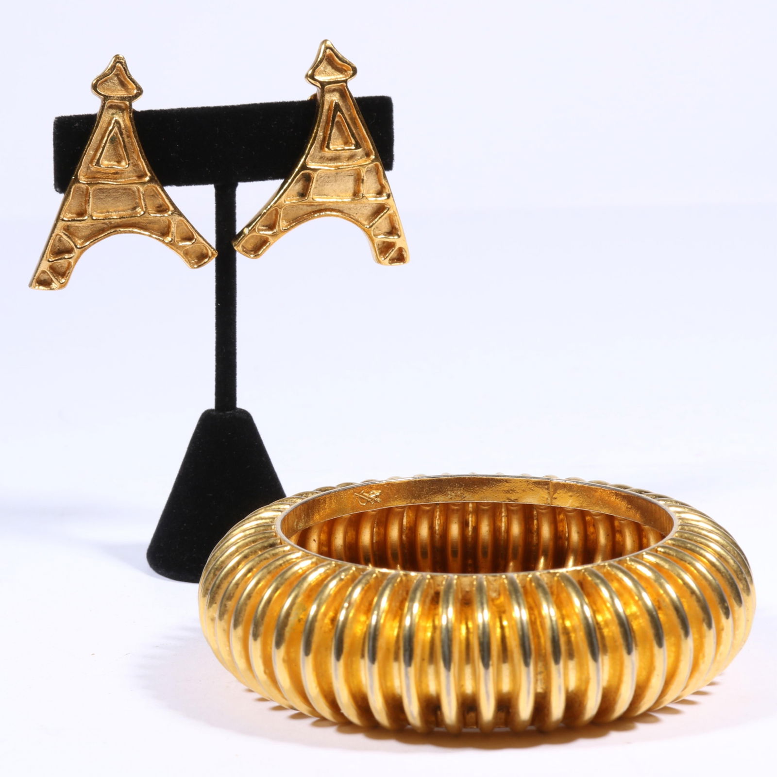 Yves Saint Laurent YSL French Designer couture Eiffel tower earrings and YSL bangle bracelet. 1"H x (1 of 12)