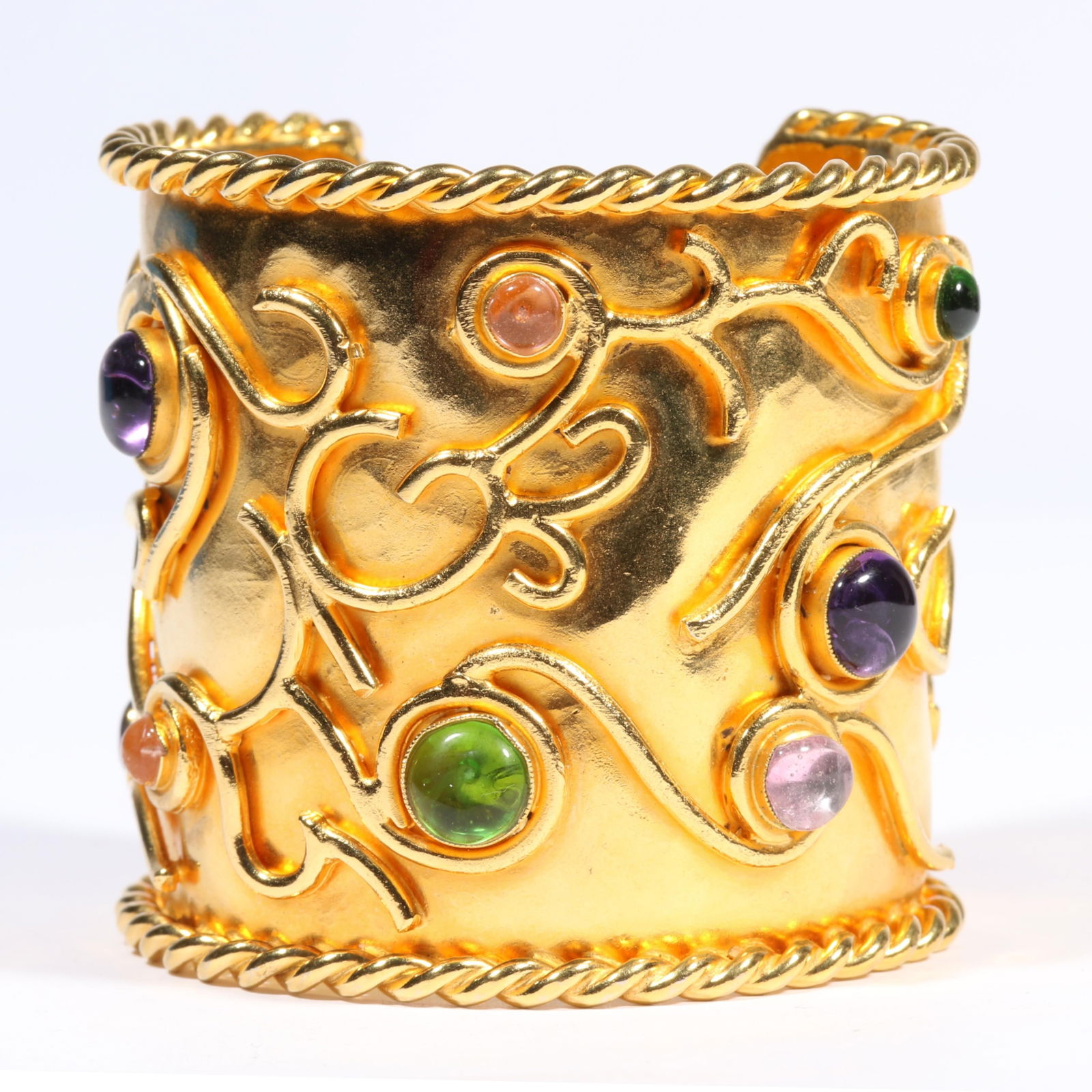 Isabel Canovas "Pouchka" gilt metal cuff bracelet with gripoix poured glass cabochons. 2 1/2"H x 2 (1 of 14)