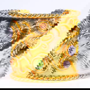 Isabel Canovas "Pouchka" gilt metal cuff bracelet with gripoix poured glass cabochons. 2 1/2"H x 2: Isabel Canovas "Pouchka" gilt metal cuff bracelet with gripoix poured glass cabochons.2 1/2"H x 2 1/4"Inner Diameter