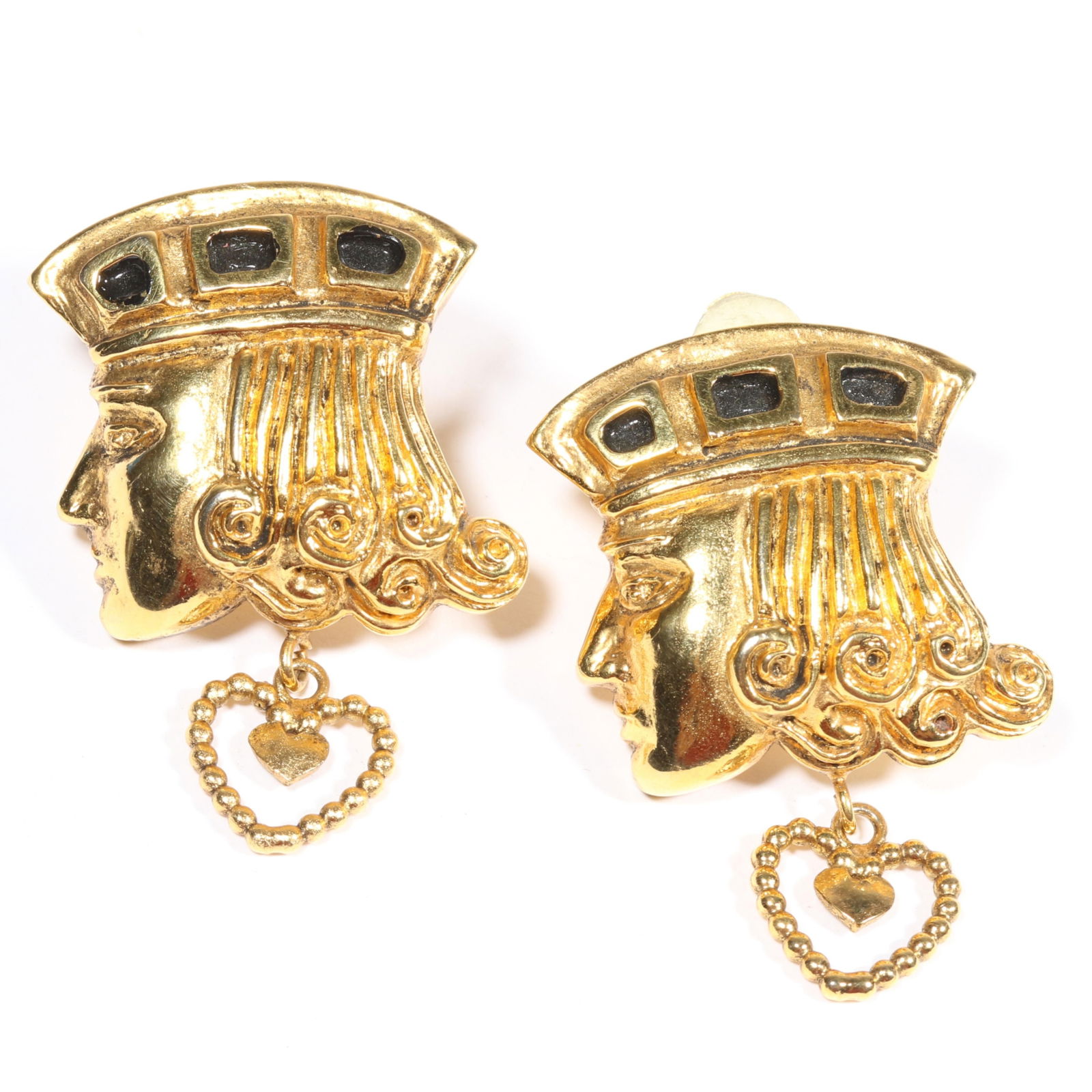 Isabel Canovas designer couture "Hector" Jack of hearts gilt earrings. 2"Drop x 1 1/4"W: Isabel Canovas designer couture "Hector" Jack of hearts gilt earrings.2"Drop x 1 1/4"W