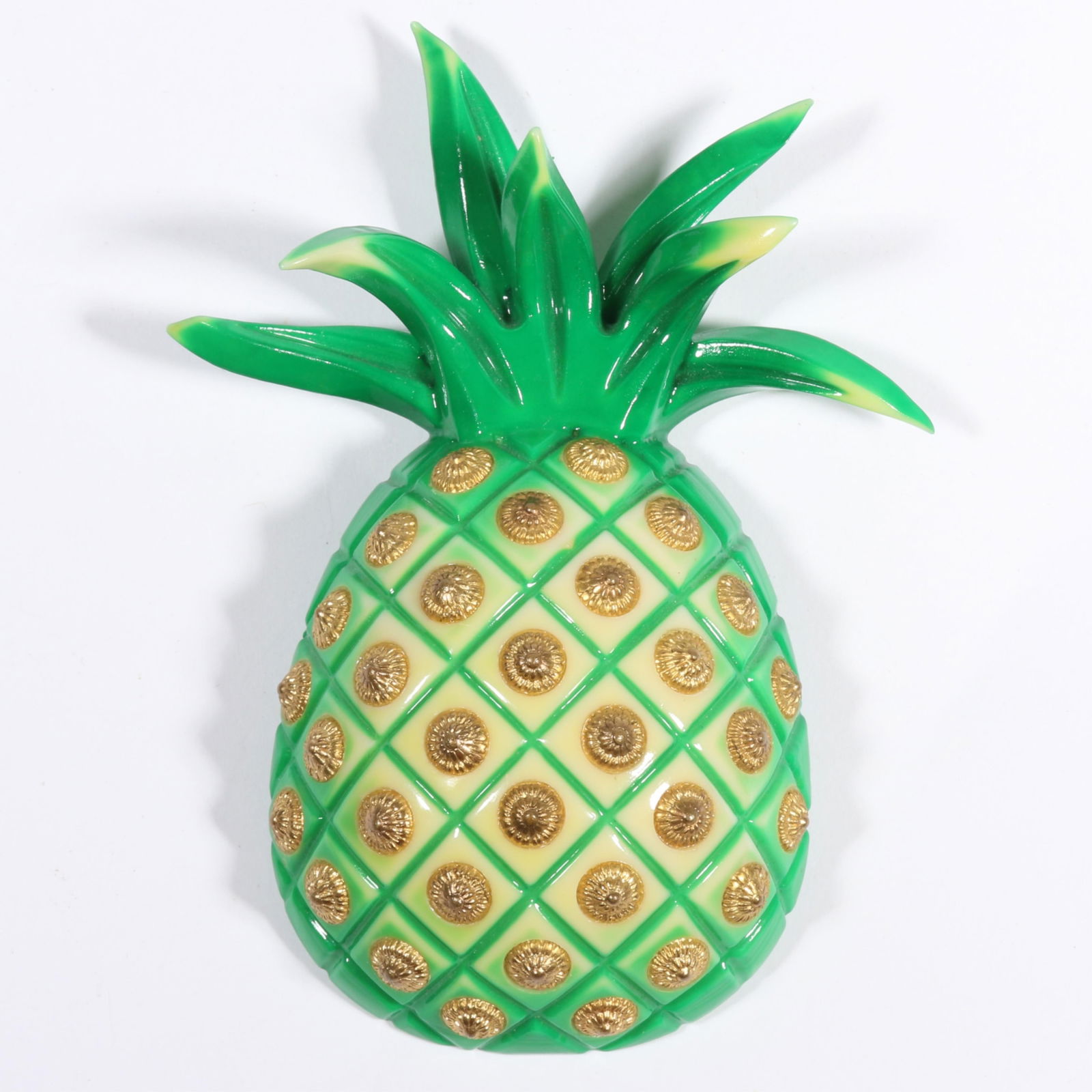 HUGE Isabel Canovas whimsical plastic or resin dimensional pineapple brooch with gilt metal accents.: HUGE Isabel Canovas whimsical plastic or resin dimensional pineapple brooch with gilt metal accents.4 1/8"H x 2 1/4"W