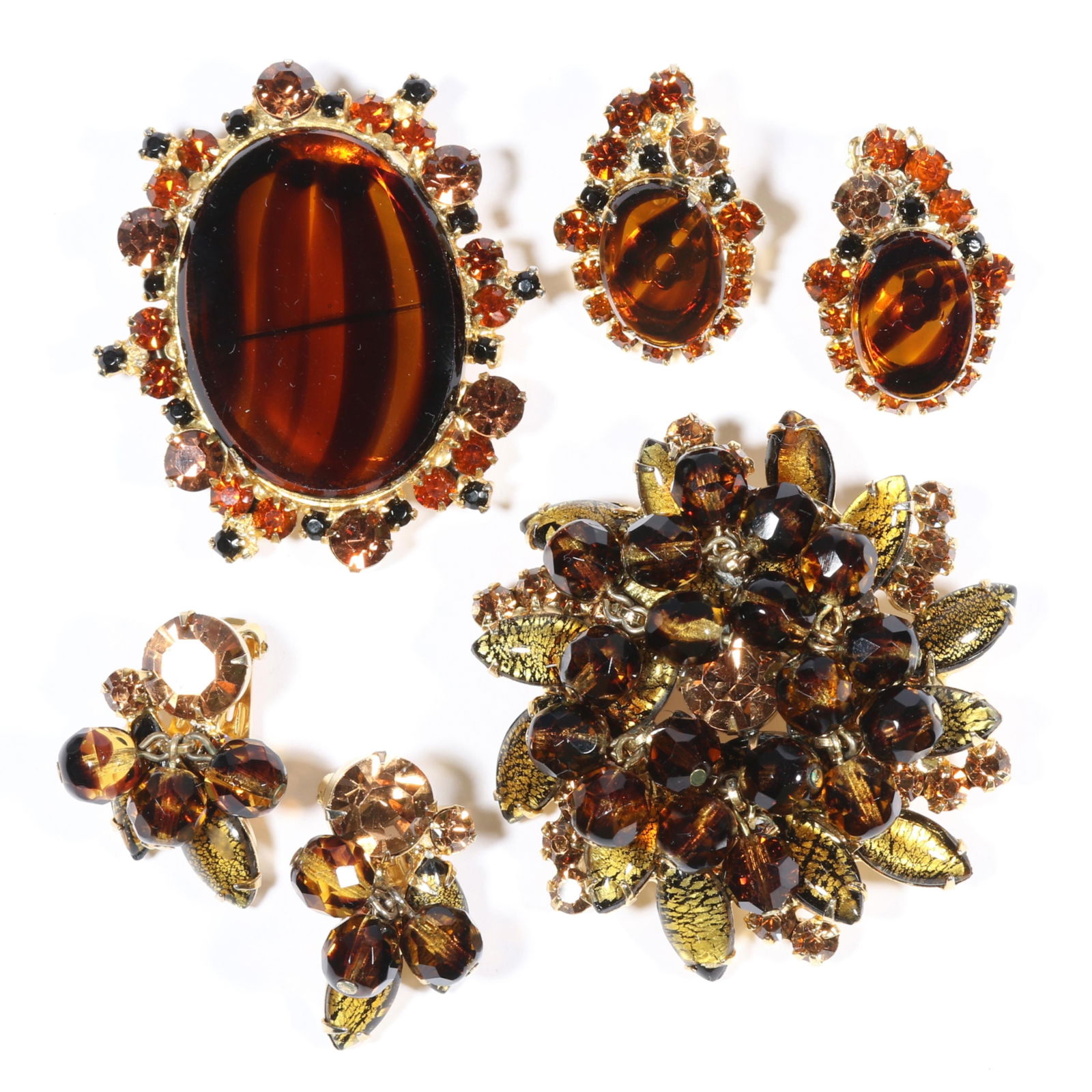 DeLizza & Elster Juliana faux tortoise shell art glass pendant brooch and matching earrings with (1 of 10)