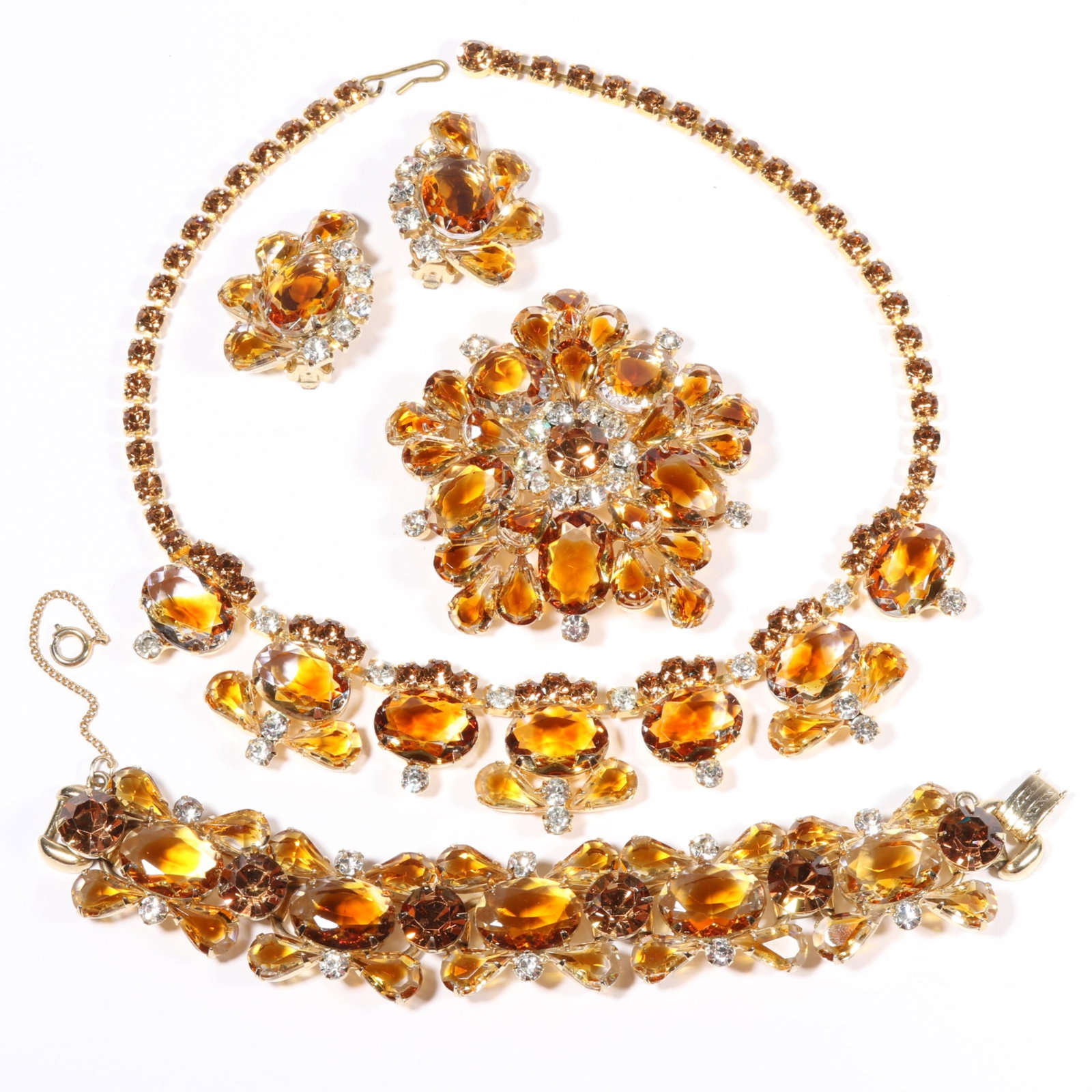 Book Piece DeLizza & Elster Juliana two tone topaz art glass parure: Necklace, bracelet, brooch, and: Book Piece DeLizza & Elster Juliana two tone topaz art glass parure: Necklace, bracelet, brooch, and earrings.Book: The Art of Juliana Jewelry by Katerina Musetti pg. 2047 1/4"L x 1"W (bracelet)