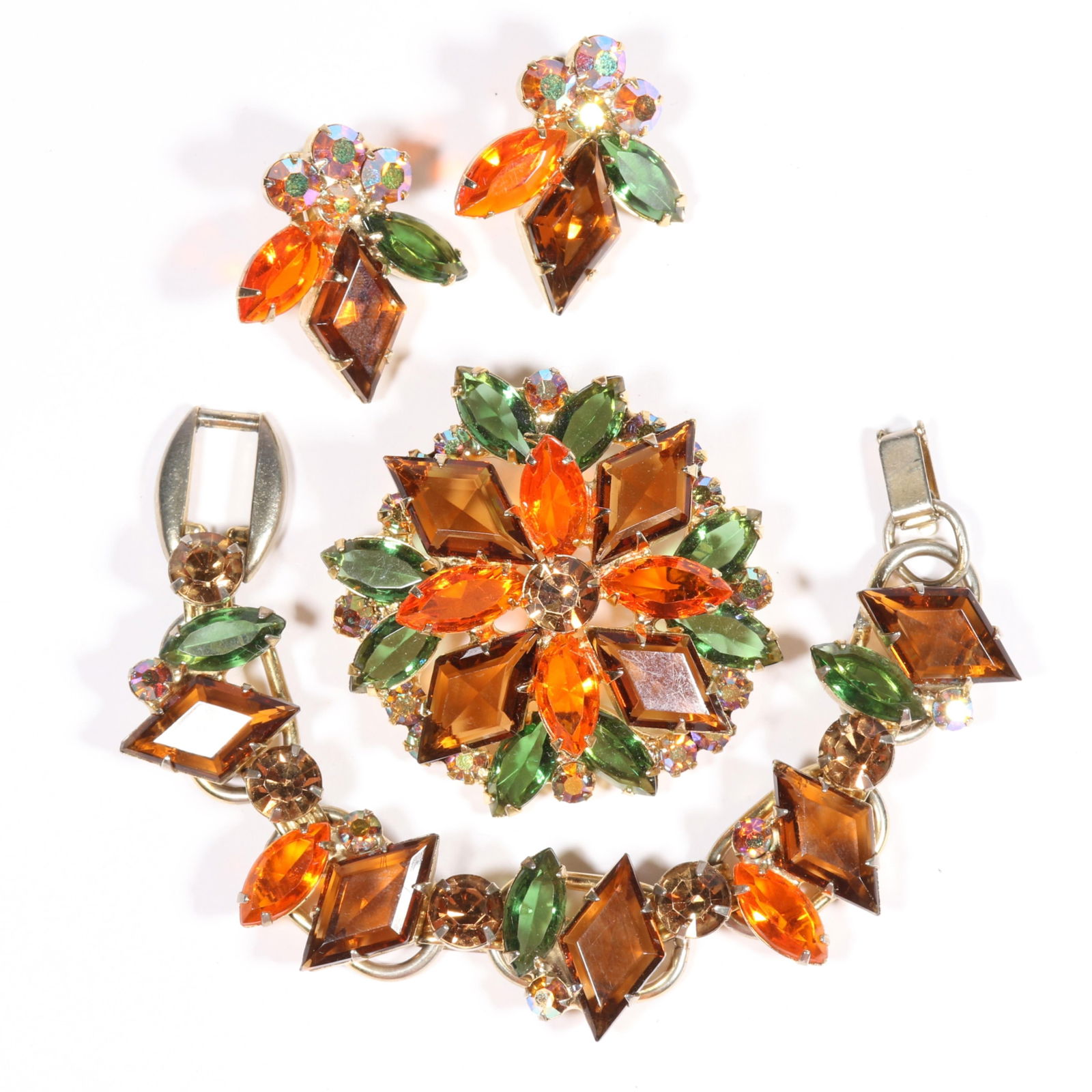 DeLizza & Elster Juliana autumnal rhinestone crystal parure: bracelet, brooch, and earrings. 6 5/8"L (1 of 8)