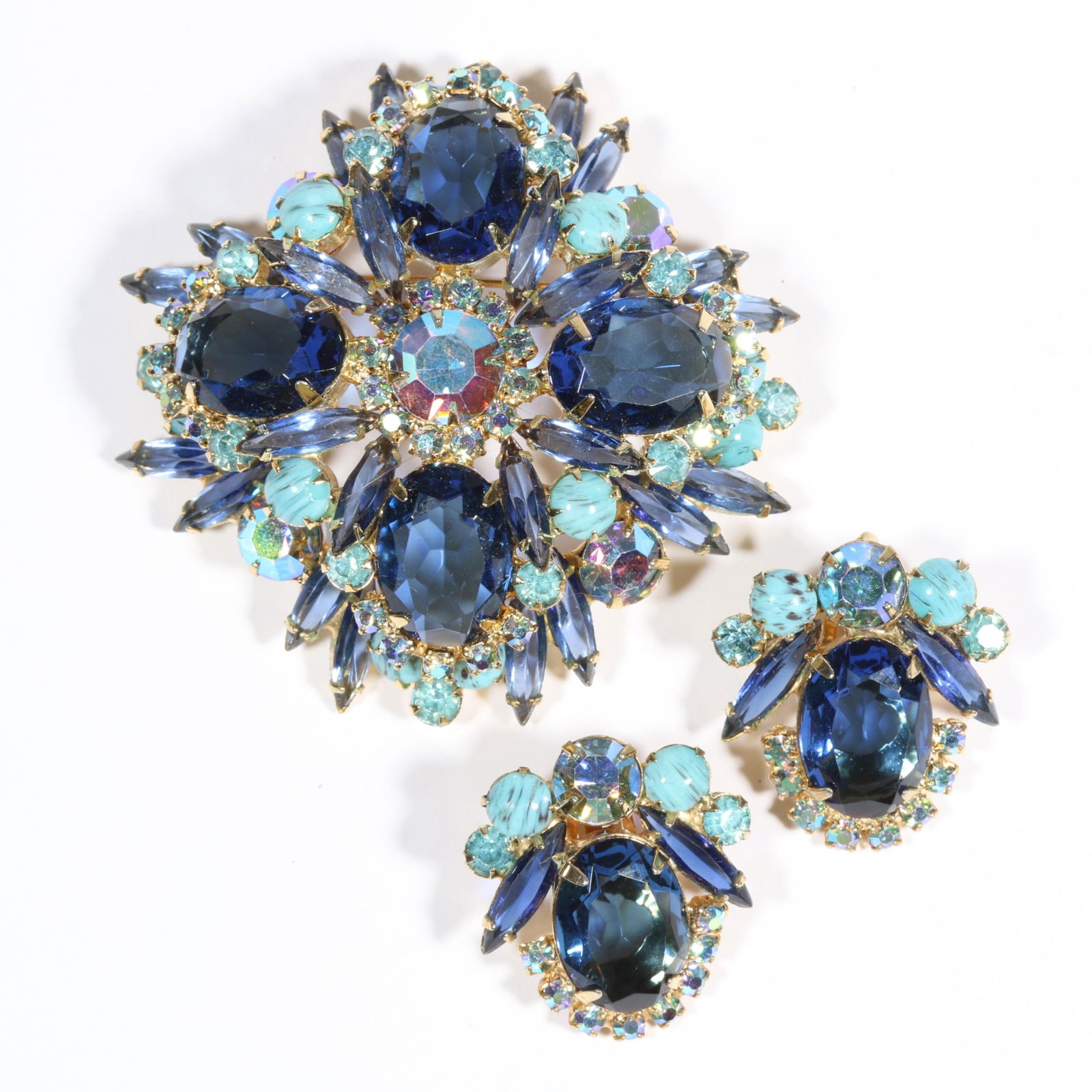 DeLizza & Elster Juliana deep blue, aurora borealis, and art glass demi parure: brooch and earrings. (1 of 8)