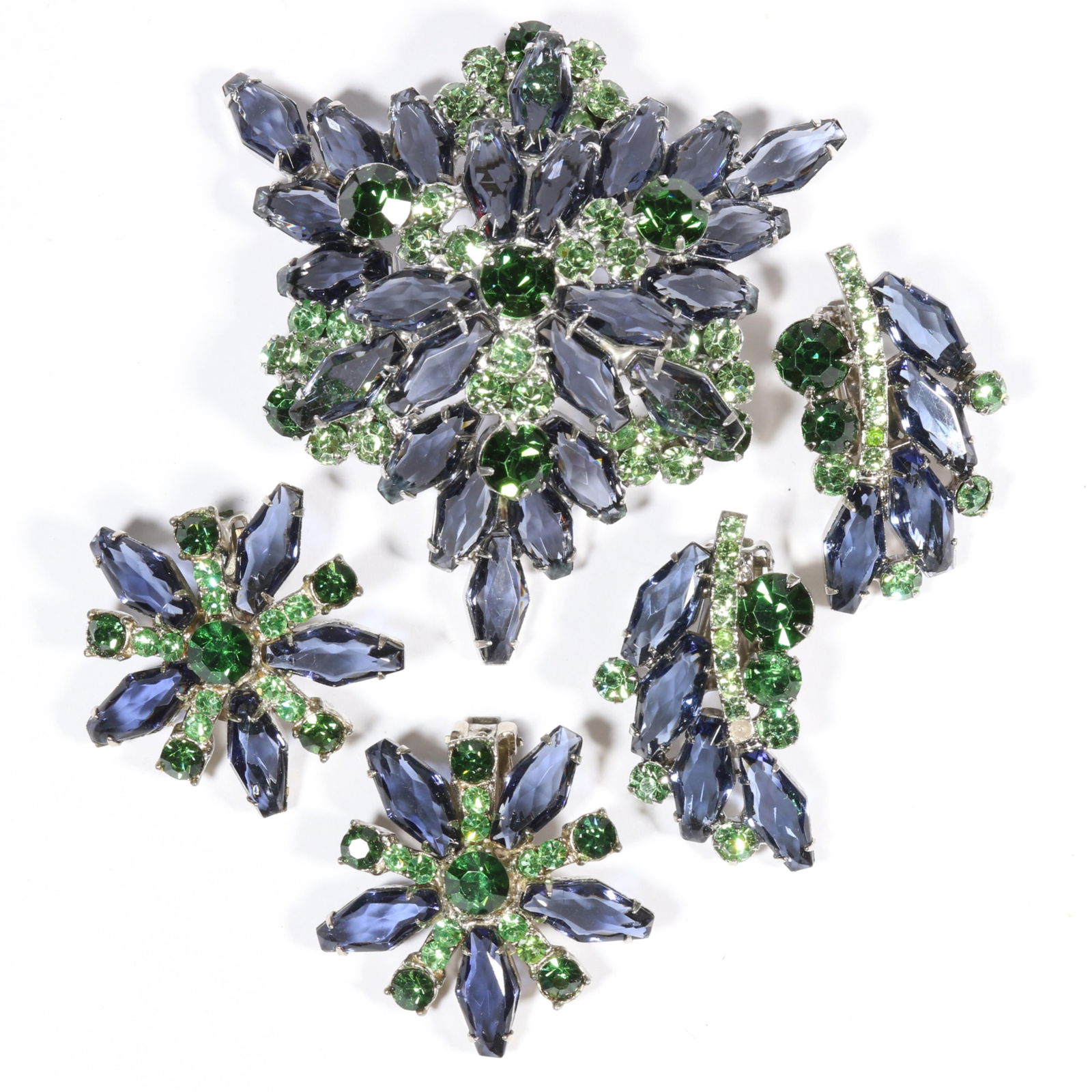 D & E Juliana deep blue unfoiled rhinestones and green rhinestone crystal jewelry group with brooch (1 of 7)