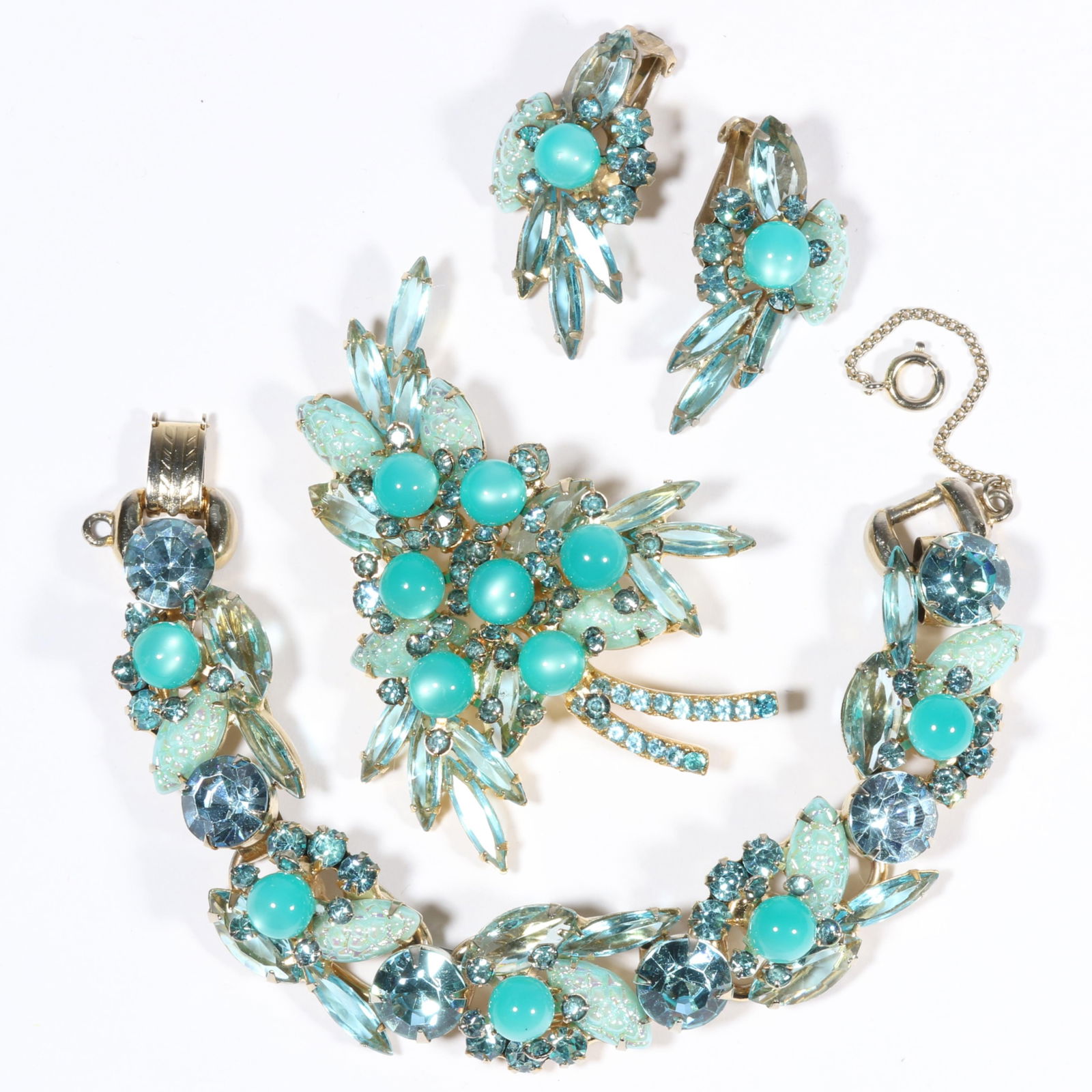 DeLizza & Elster Juliana teal moonglow orb, art glass, and rhinestone crystal parure: Bracelet, (1 of 10)