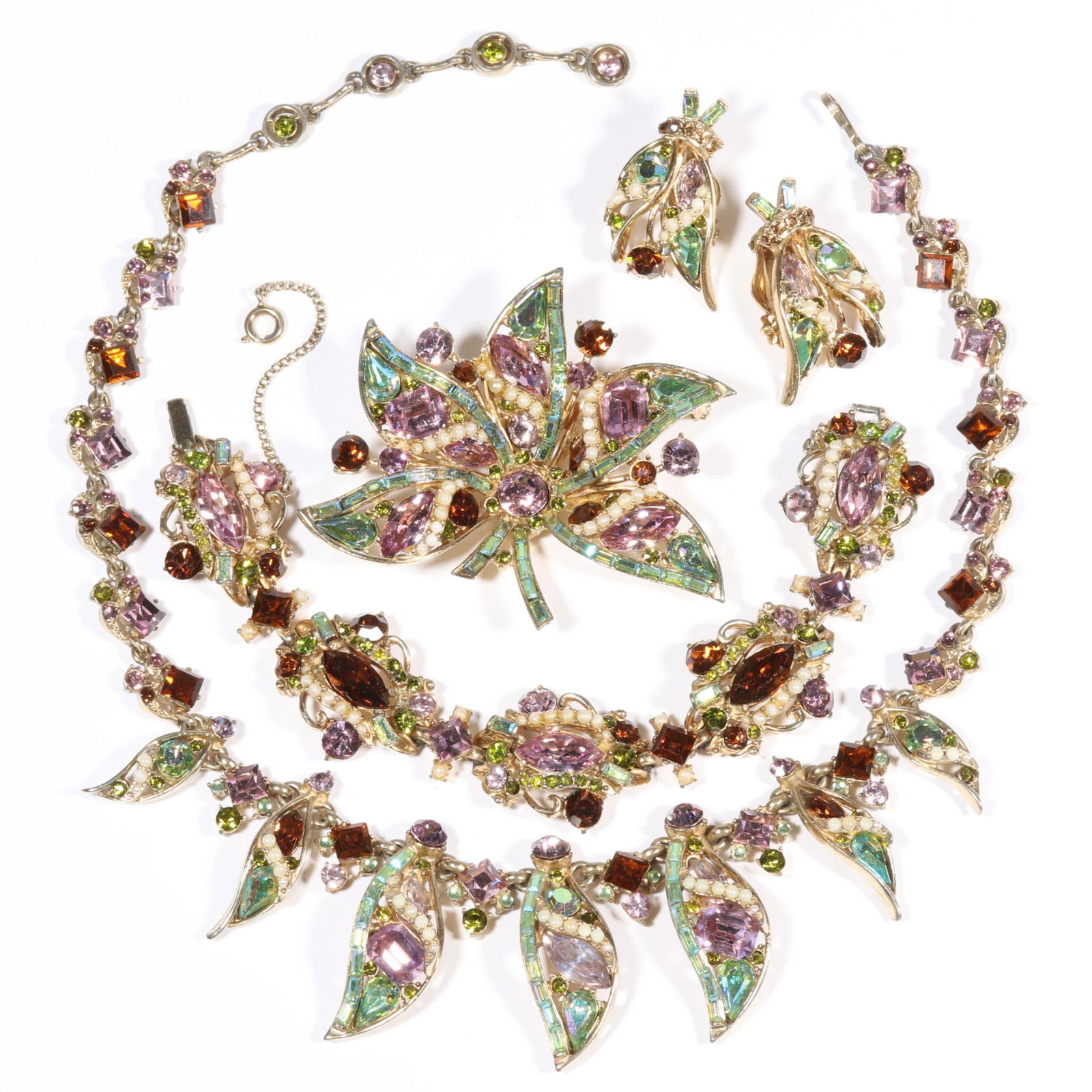 Hollycraft polychrome rhinestone crystal and faux seed pearl parure: necklace, bracelet, brooch, and (1 of 13)