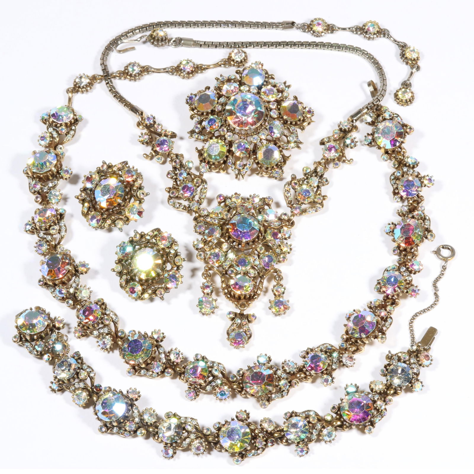 Hollycraft aurora borealis rhinestone crystal parure: necklaces, bracelet, brooch, and earrings. (1 of 15)